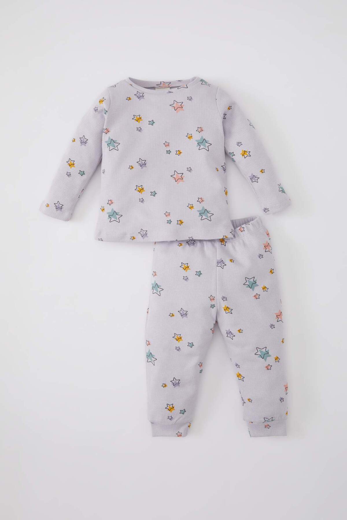 DeFacto-Baby Girls Pajamas Set Waffle Star Pattern Long Sleeve Top with Elastic Waist Long Bottom C0660A524Sp 1