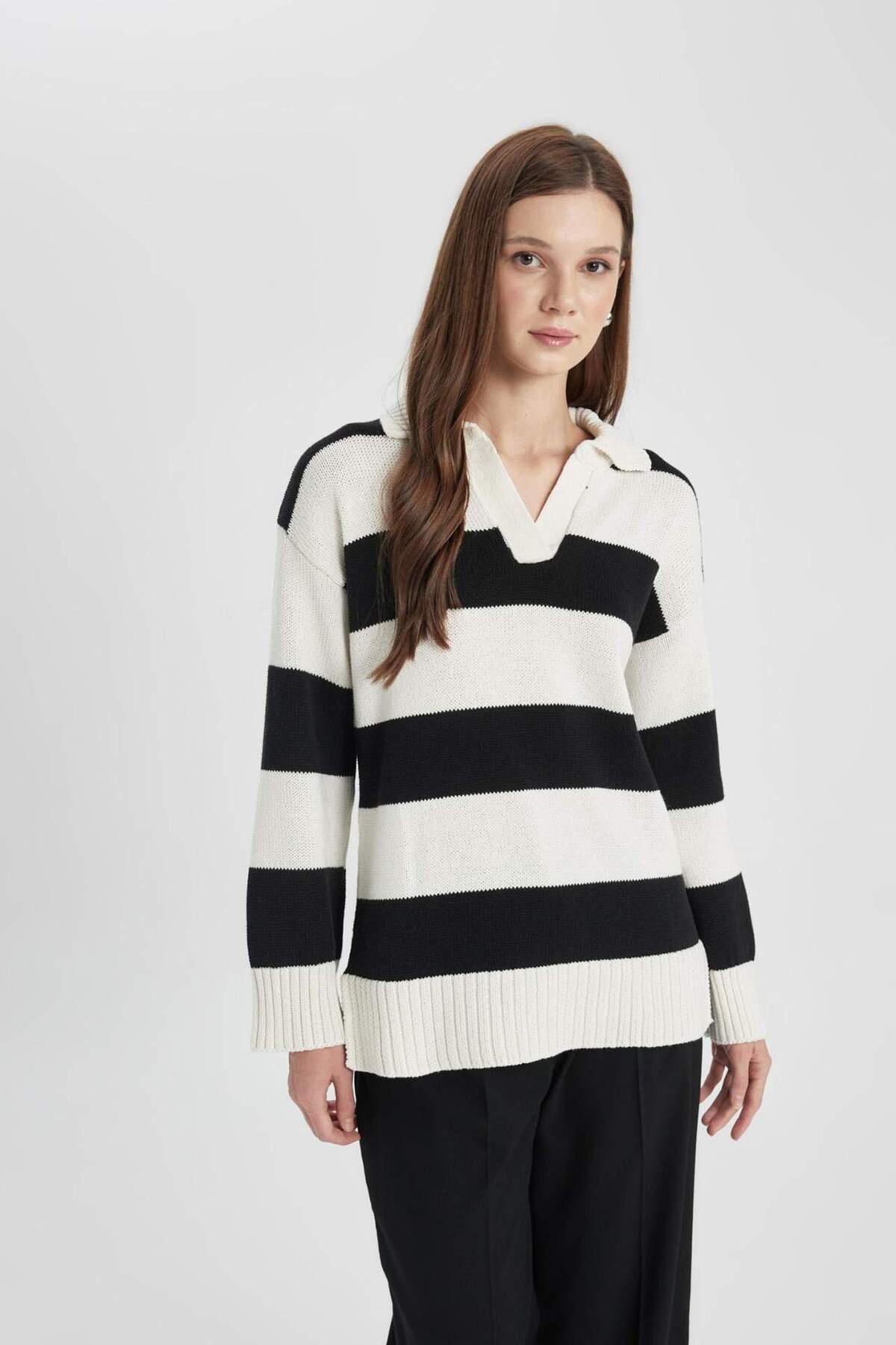 DeFacto-Regular Fit Poloshirt mit gestreiftem Strickpullover Tunika B8370AX24SP 7
