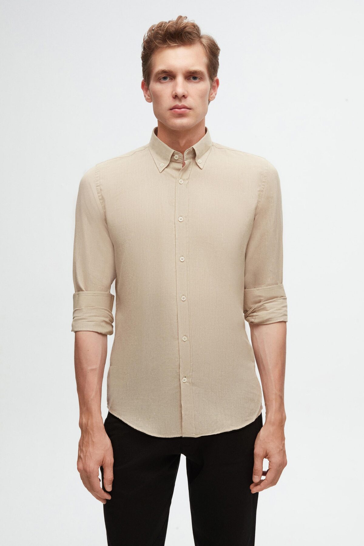 Ds Groom Slim Fit Beige Buttoned Collar 100% Cotton Summer Flamed Linen Look Shirt