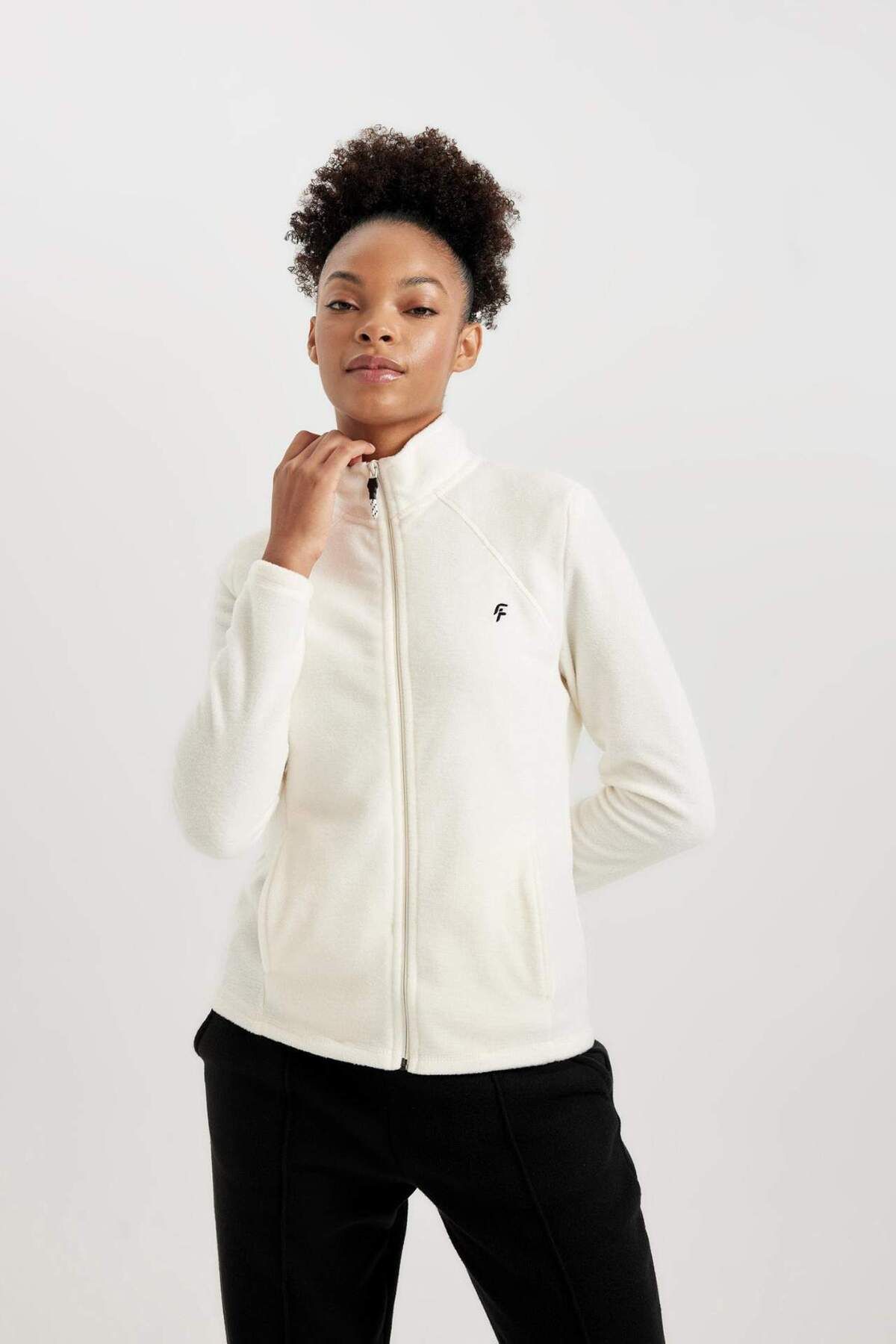 DeFacto-Defactofit Standard Fit Zipper Collar Slogan Printed Fleece Cardigan A4500Ax23Wn 4