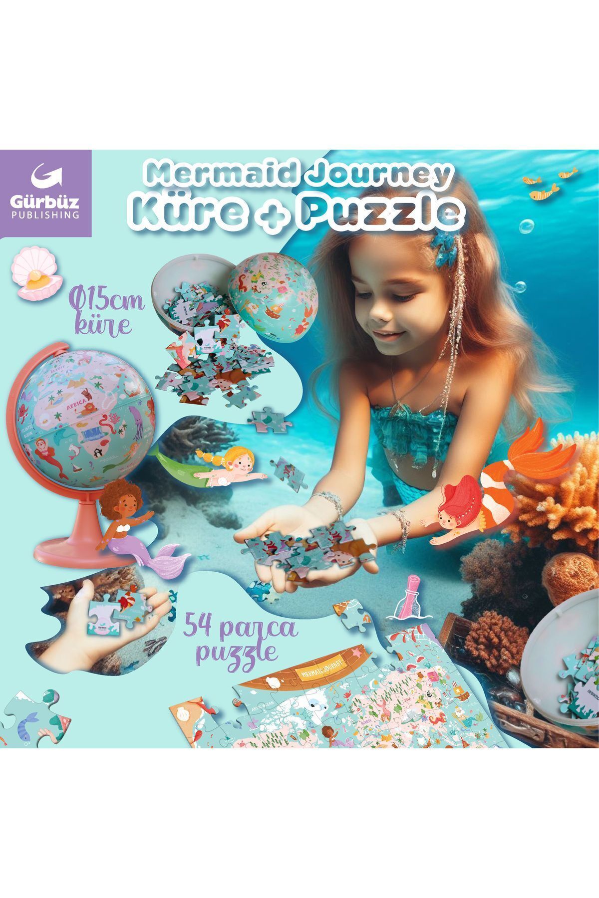 Gürbüz Yayınları 15CM KIDS MERMAİD JOURNEY GLOBE + PUZZLE(54PCS)