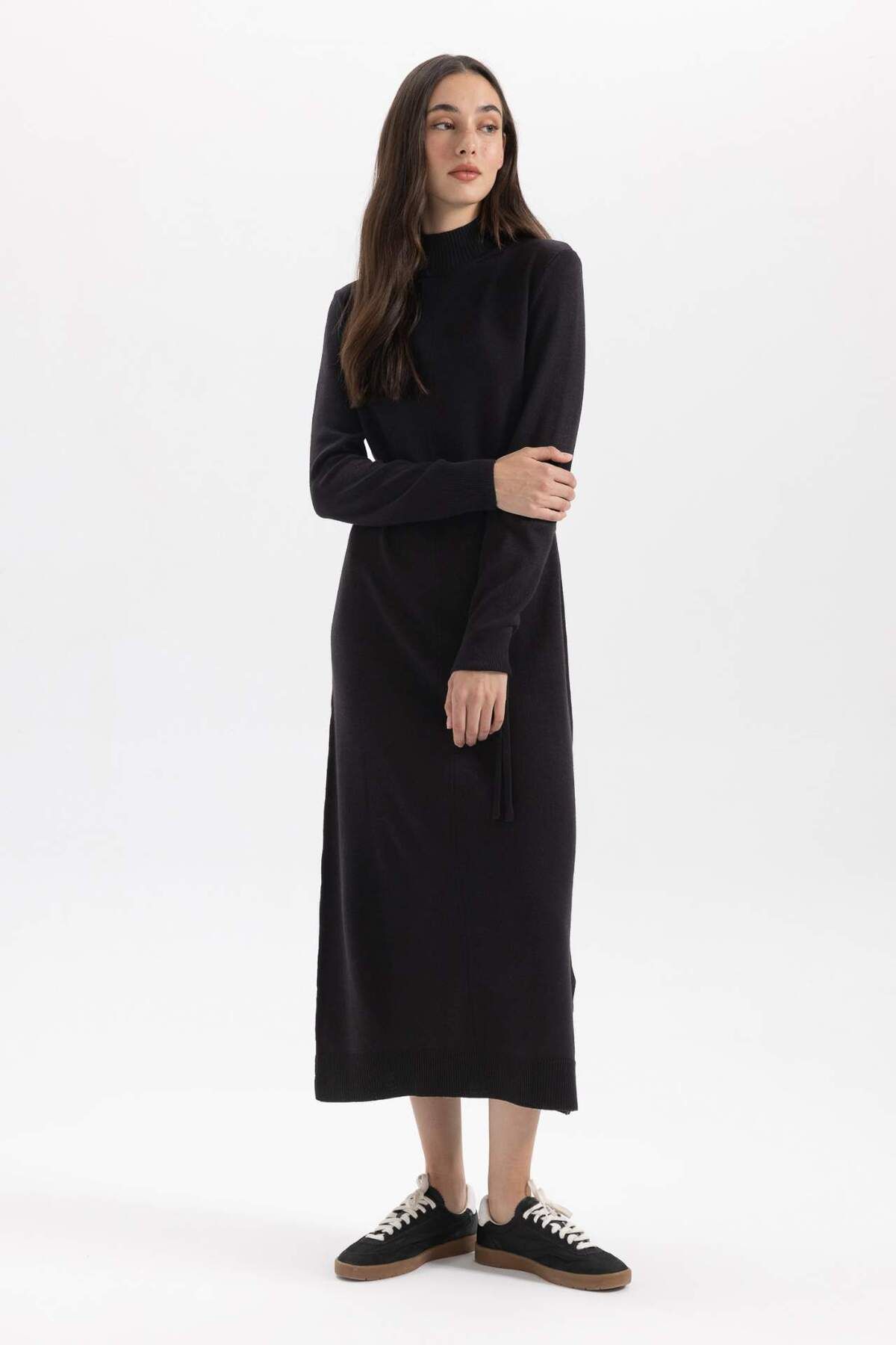 DeFacto-Regular Fit Halber Rollkragen Basic Plain Schlitz Langarm Maxi Strickkleid A9807AX23WN 4