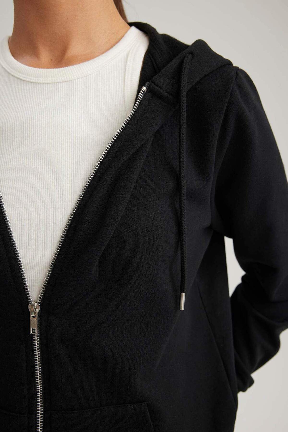 DeFacto-Regular Fit Hooded Basic Plain Zippered Sweatshirt Y1502Az23Au 5