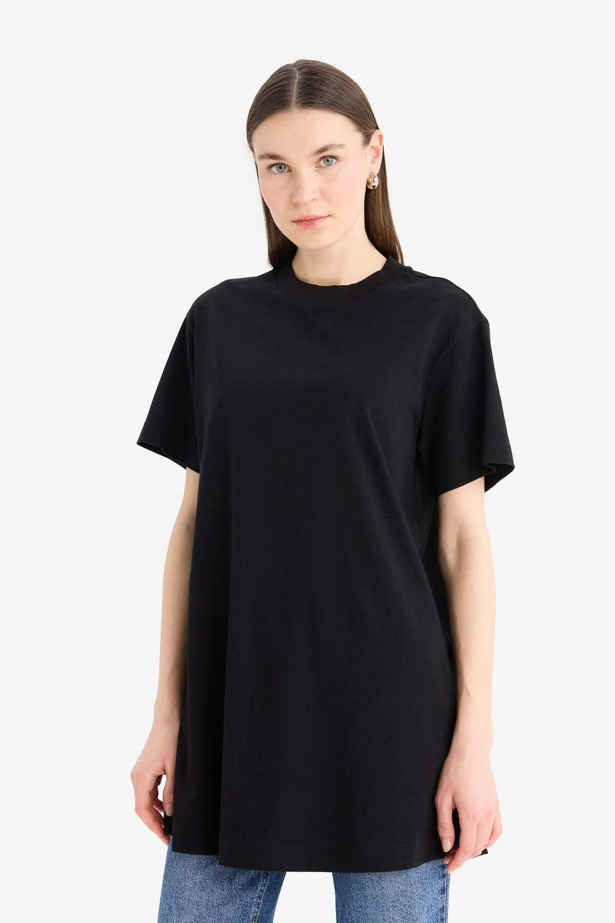 DeFacto-Regular Fit Crew Neck Basic Plain Short Sleeve 100% Cotton Tunic A8351Ax23Sm 3