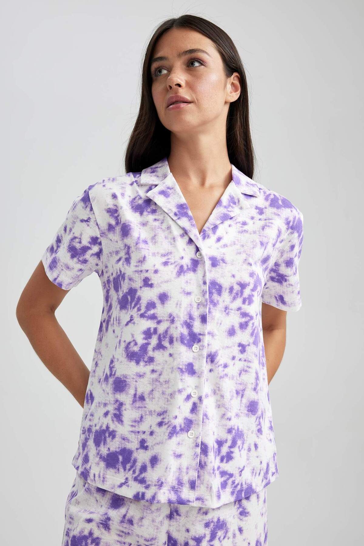 DeFacto-Regular Fit Tie Dye Vzorovaný Krátký rukáv 100% Bavlna Pyžamo Top-Fall in Love A8436AX23HS 4