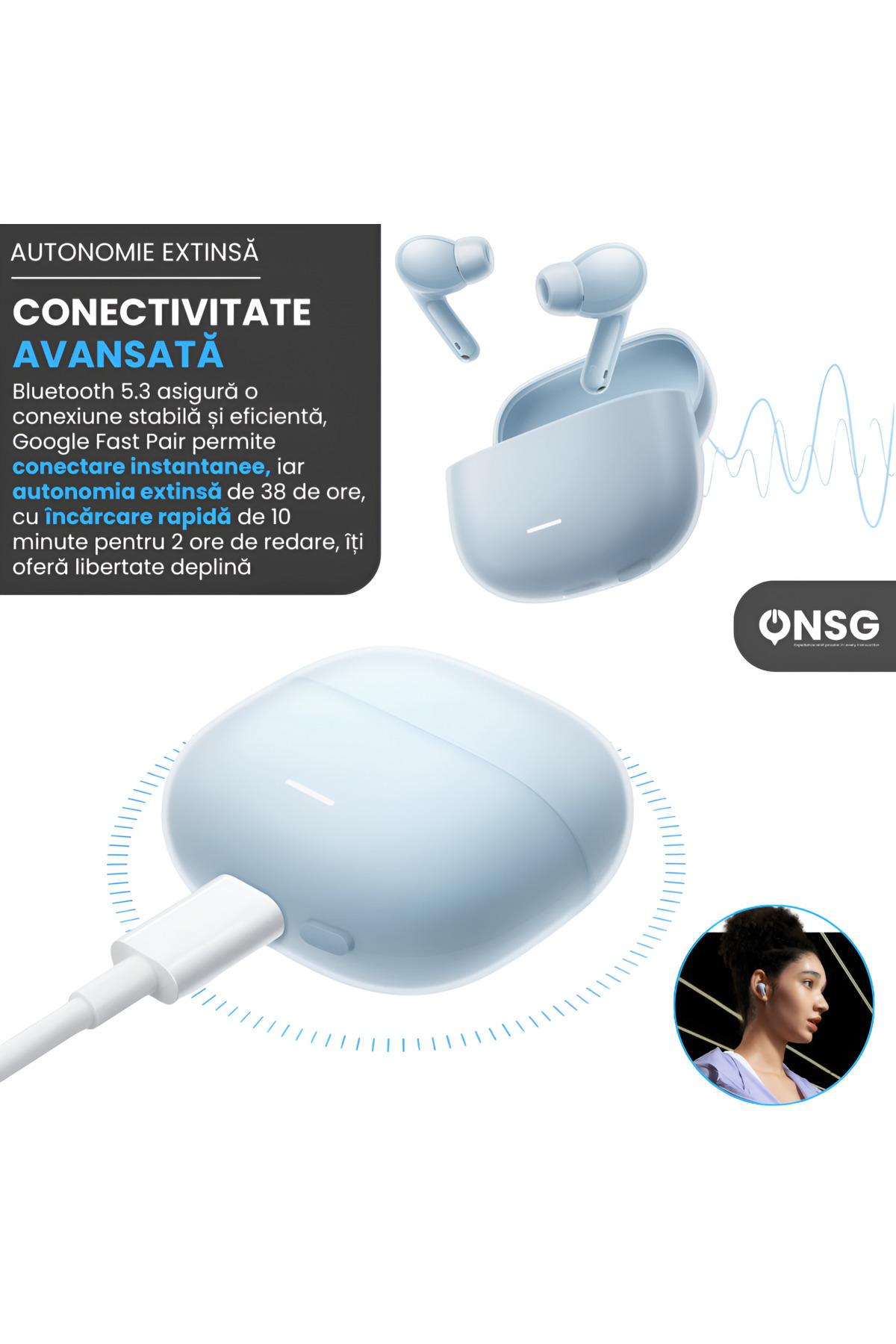Xiaomi-Căști Redmi Buds 6 Lite handsfree Anc 40db, Bluetooth 5.3, Autonomie 38h, Albastre 4
