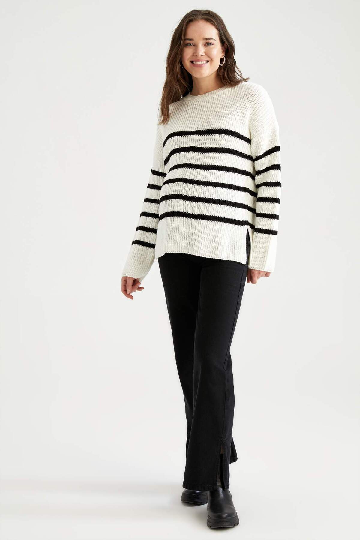 DeFacto-Regular Fit Striped Crew Neck Slit Knitwear Maternity Sweater W7771Az21Wn 2