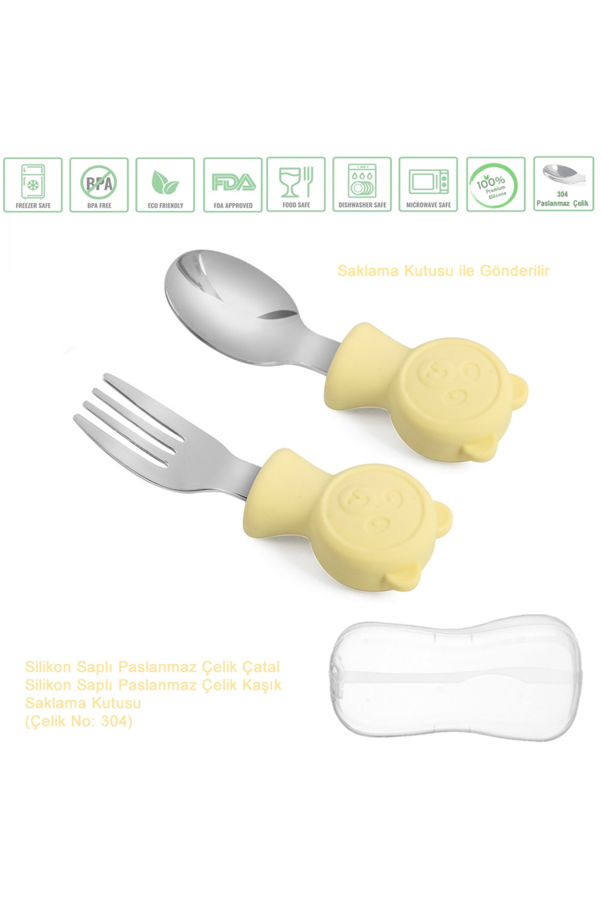 jojobebek Premium Çocuk BPA Free Kaliteli Silikon Saplı Paslanmaz Çelik Uçlu Çatal-Kaşık /SARI