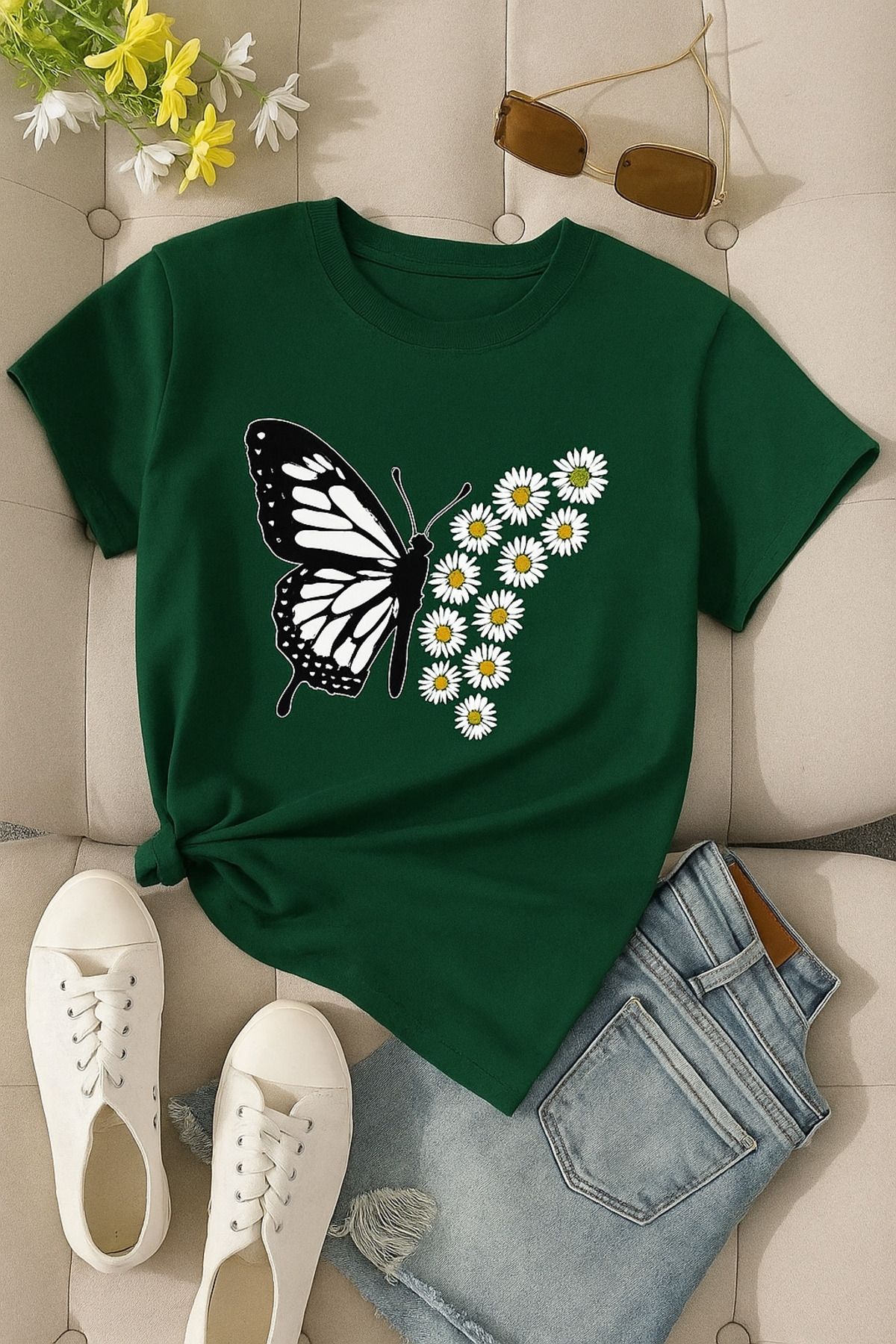 BENROMA 1 tricou este un cadou pentru achiziții de 6 și mai sus în coș - Tricou oversize unisex cu imprimeu fluture margaretă