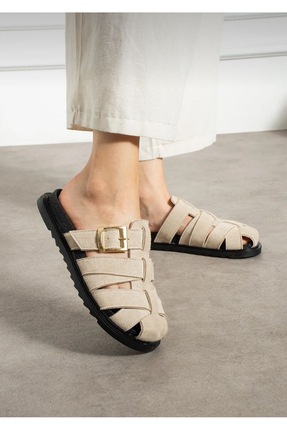 SOFT Melodi Ayakkabı Lioara Kadın El Yapımı Altın Tokalı Süet Terlik