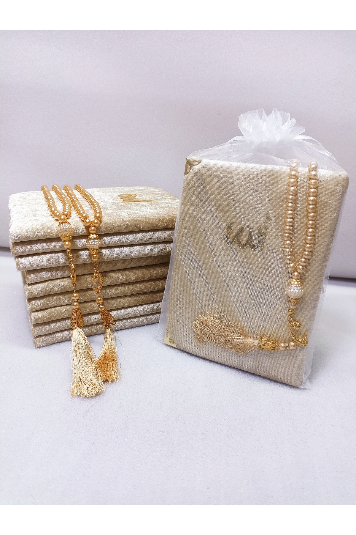 10 Velvet Coated Yasin-i Şerif and Rosary Set Mevlid Books (with TULLE POUCH)