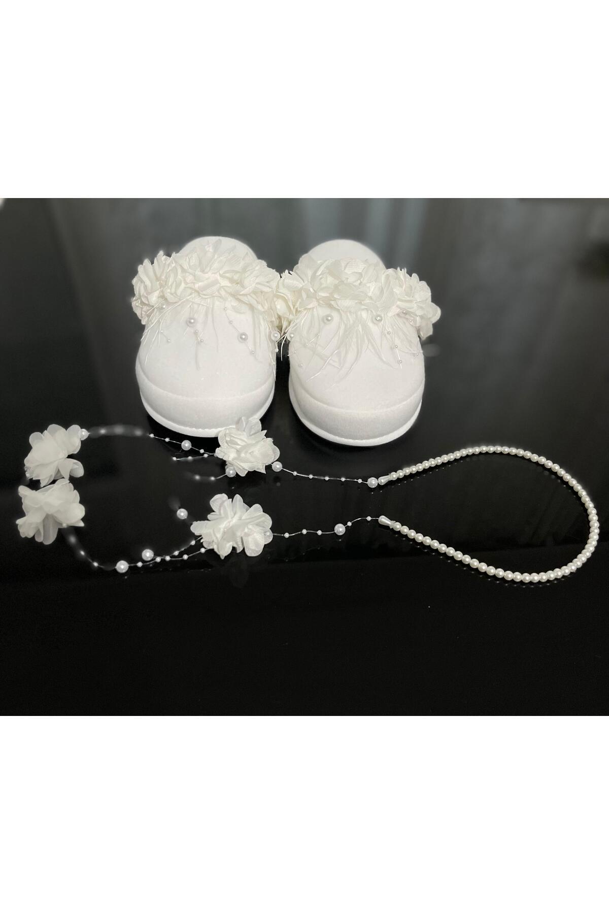 Hüner aksesuar Kadın Beyaz Lohusa Taç Terlik Set fotoğrafı 3 (önizleme)
