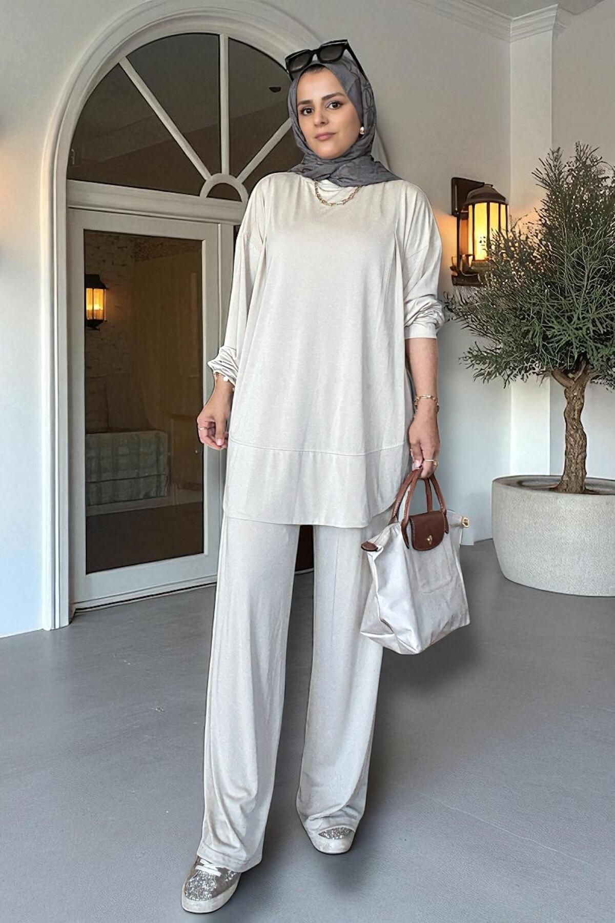 Aselim Hijap Moda-Velura Flexible and Soft Textured Double Set |   Seasonal -36-48 Size Beige 4