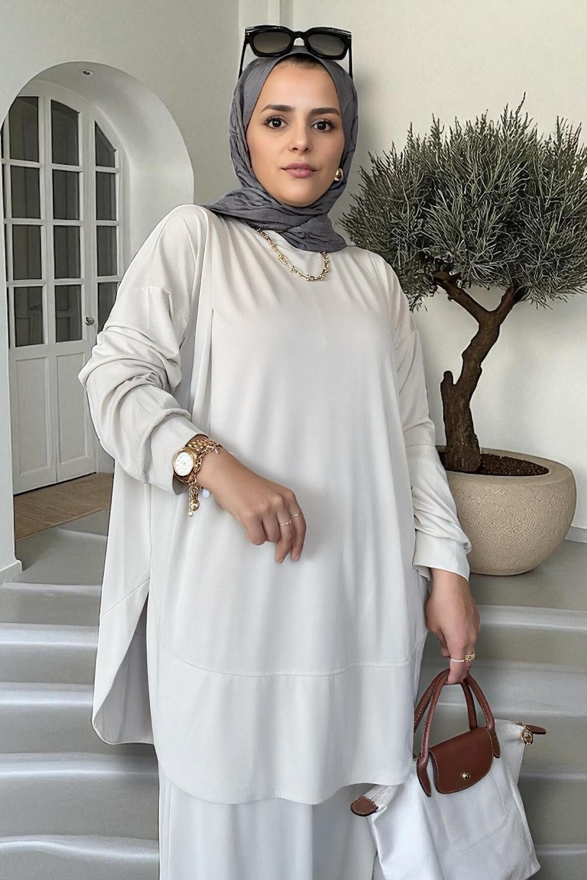 Aselim Hijap Moda-Velura Flexible and Soft Textured Double Set |   Seasonal -36-48 Size Beige 3