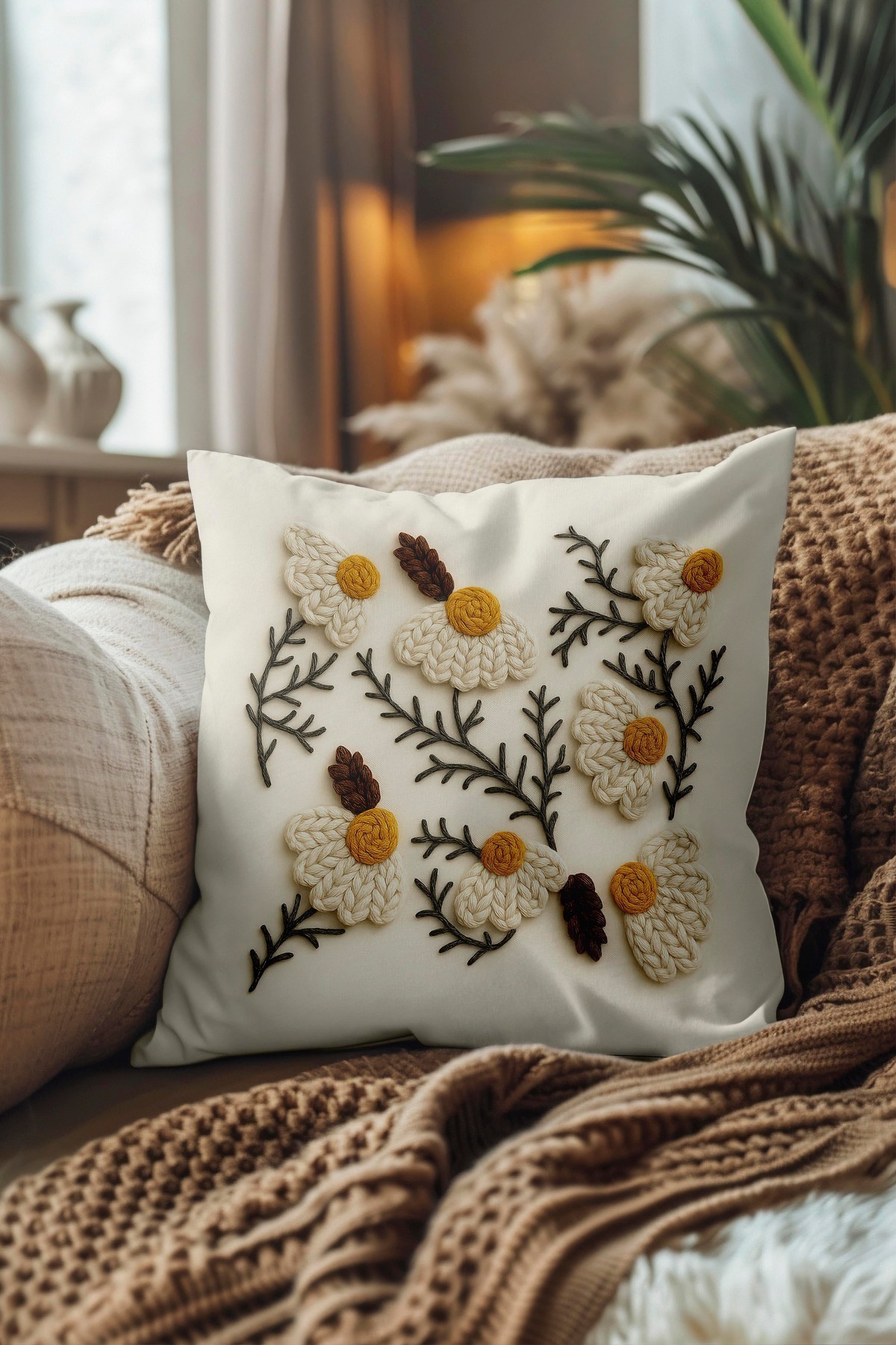 Şah Dekor-Bohemian Boho Themed Gray Cream Color Digital Printed Gift Set of 2 Throw Pillow Pillowcases 2