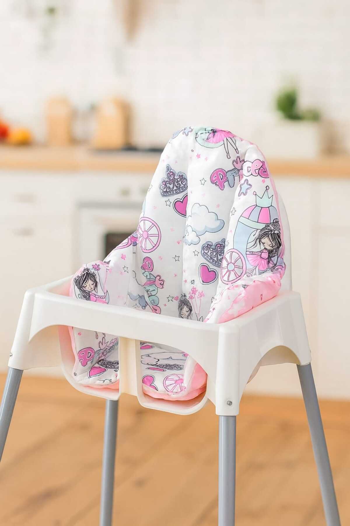 Bebek Özel Pamuklu Bebek Çocuk Mama Sandalyesi Minderi Prenses Pembe Yıldızlı