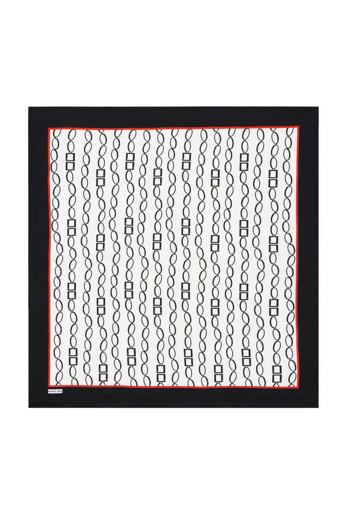 Bursa İpek-Ecru Black Chain Pattern Twill Silk Scarf 1