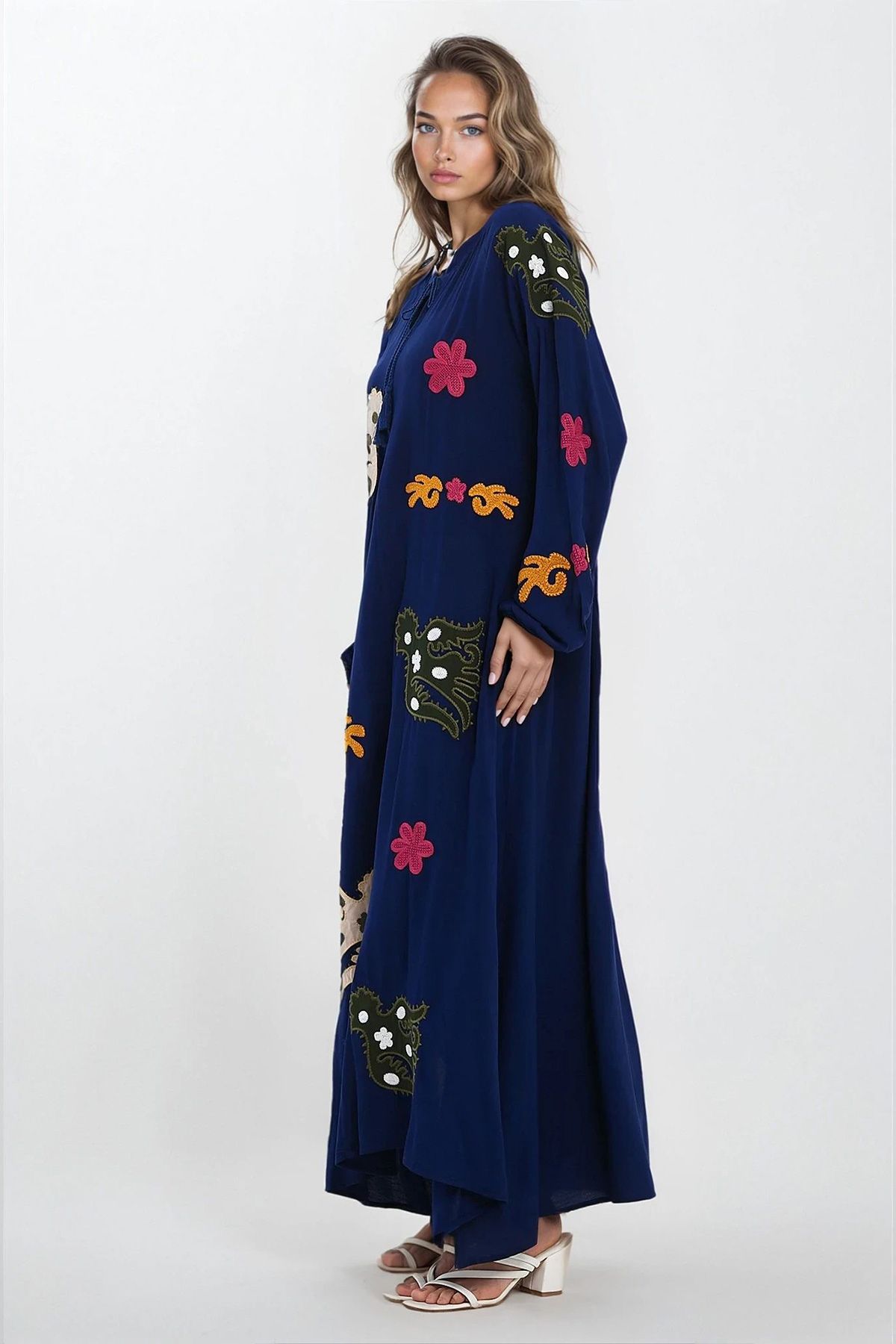 VAGGON-Rochie de damă ALBASTRU ÎNCHIS cu guler de judecător, cu șireturi, mâneci elastice, cu model, mărime mare VS00317 3