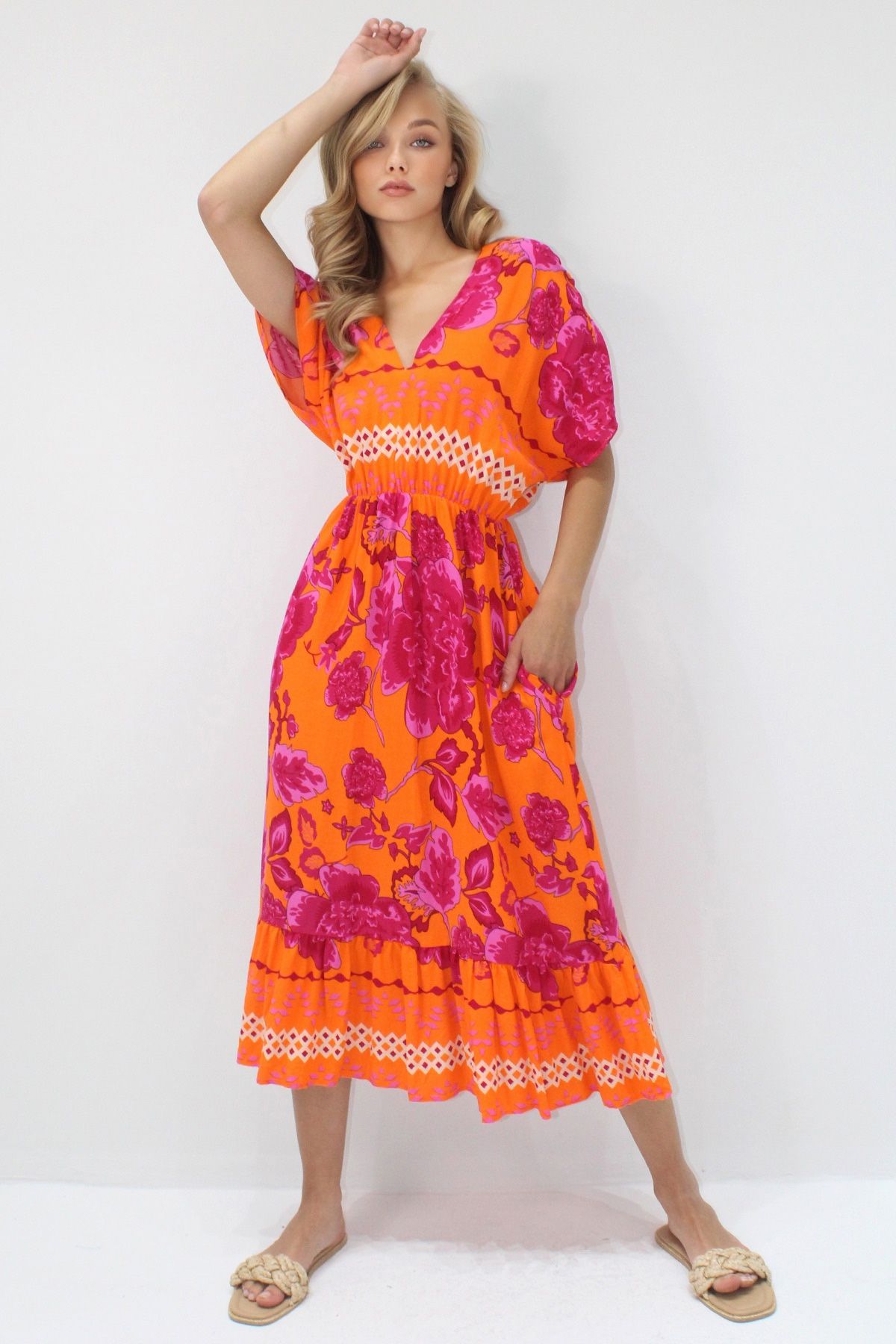 VAGGON-Femei Portocaliu Fucsia FAȚĂ SPATE Gât în ​​V FUSTĂ CU MODEL ROCHIE DE VARĂȚIȚĂ PRMX14199 3
