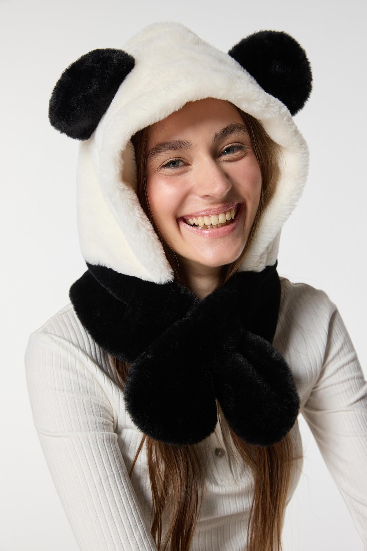 Axesoire 14494 Panda Model Kulaklıklı Siyah Beyaz Peluş Bere görsel 2
