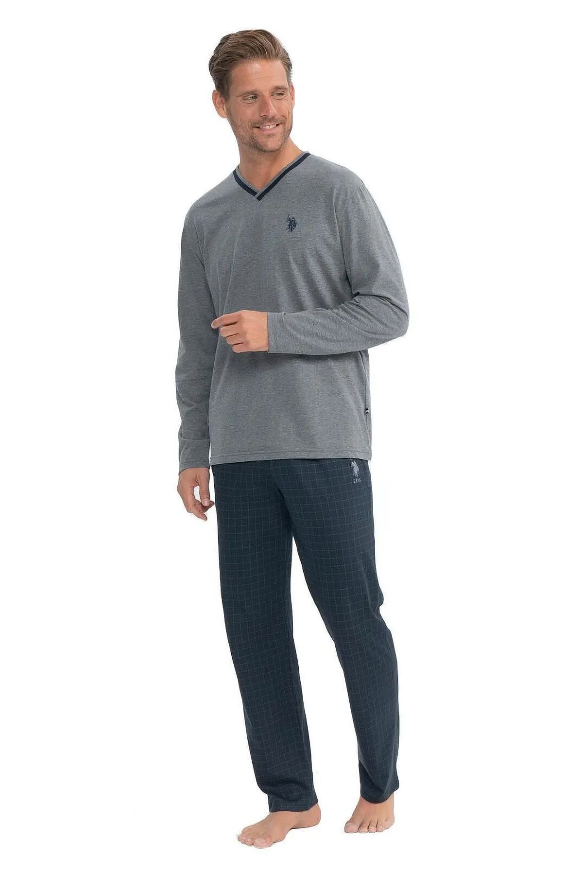 یو اس پولو ست لباس خواب مردانه آستین بلند یقه هفت یو اس پولو مدل 18844 - رنگ آنتراسیت ملانژ