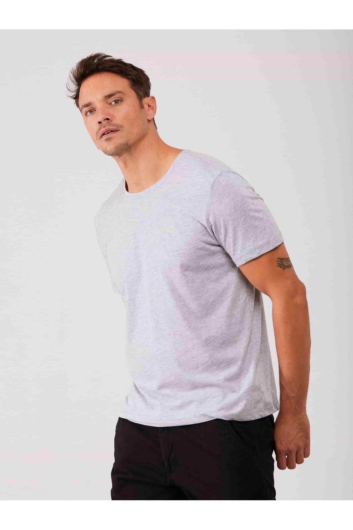 Dufy-Gray Melange Men's Slim Fit Plain Crew Neck T-Shirt - 70953 2