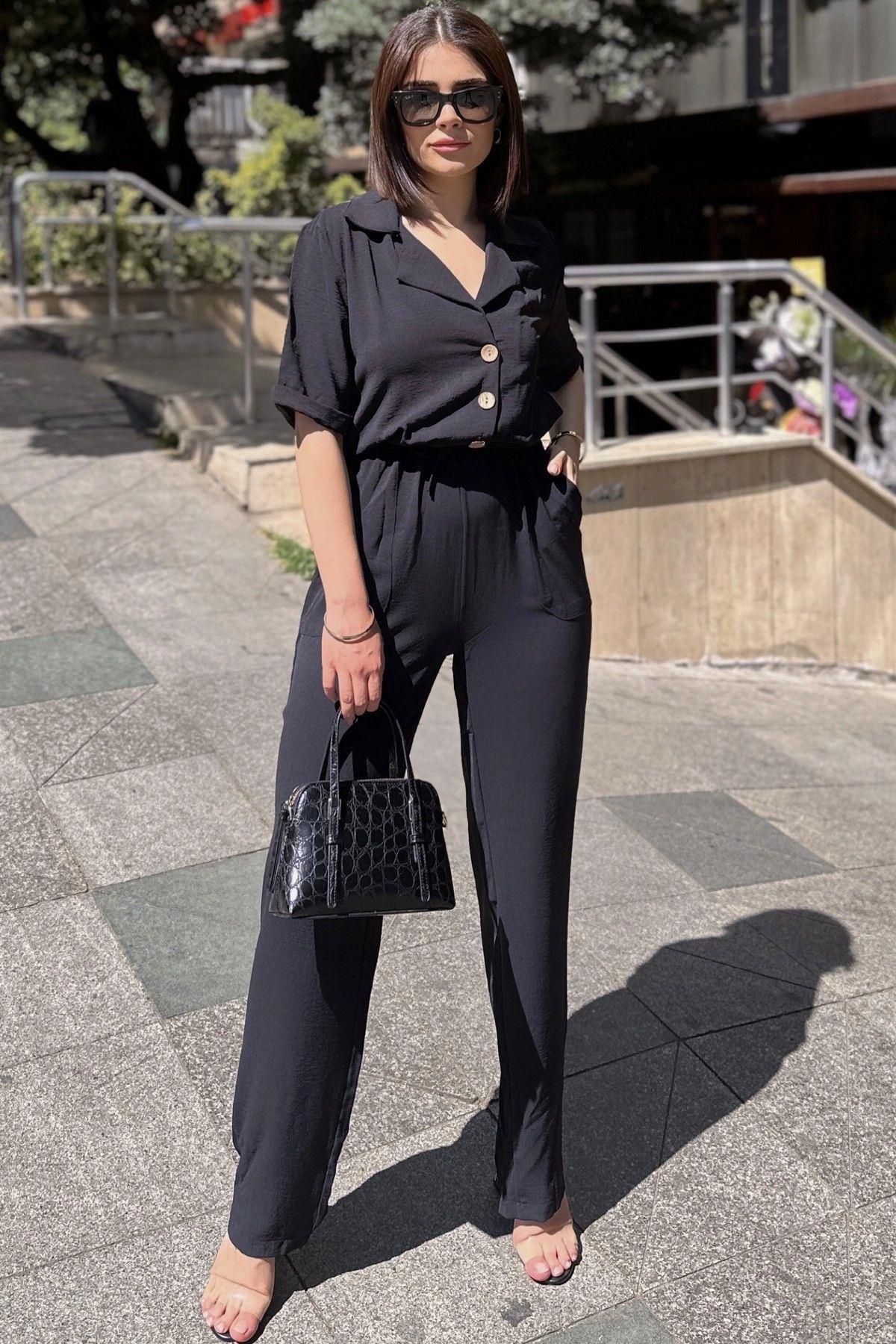 NEW LAVİVA-BlacK Linen/Airobin Overalls - Apache Collar, Short Sleeve, Relaxed Fit, Half PlacKet and Drawstring Waist 1