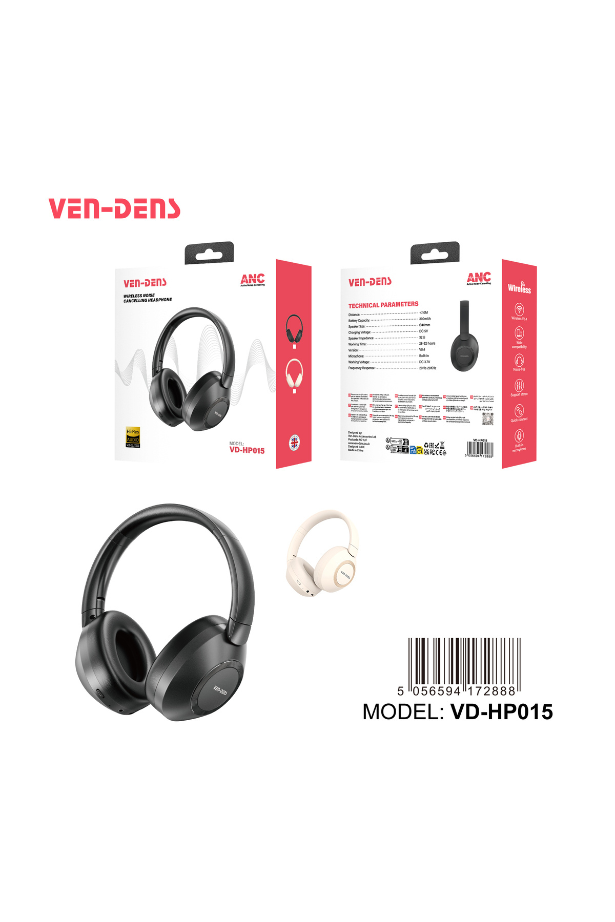 VEN-DENS-Wireless Bluetooth Headphones with Noise Cancellation, Hi-Fi Sound, Built-in Microphone, Co 1