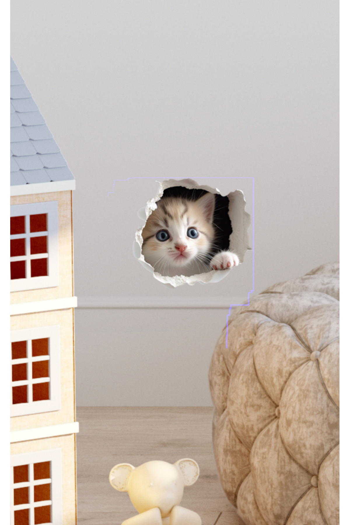 Sim Tasarım - Priz Üstü Kırık Duvar Yavru Kedicik Dekoratif Duvar Sticker fotoğrafı 2 (önizleme)