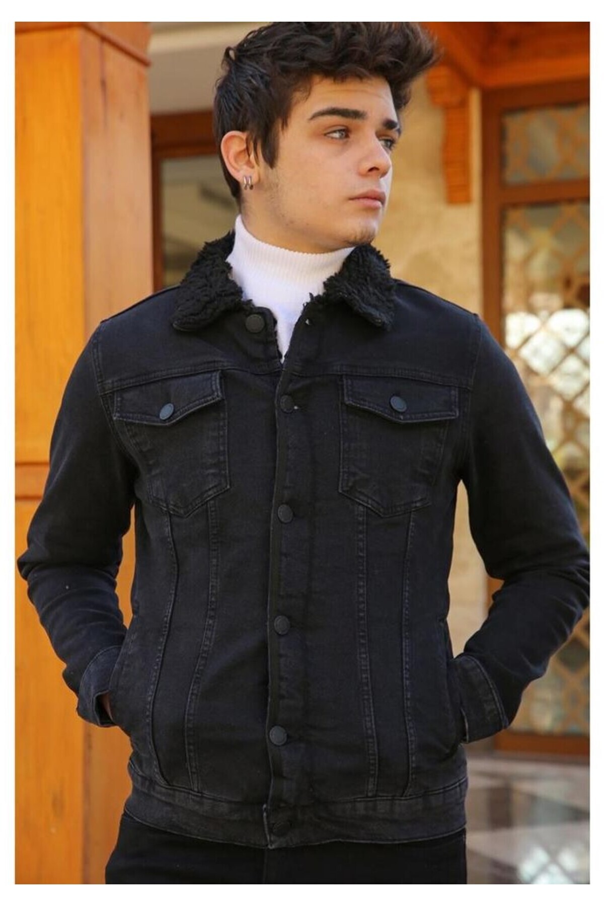 Erkek İçi Kürklü Slim Fit Kot Ceket Siyah