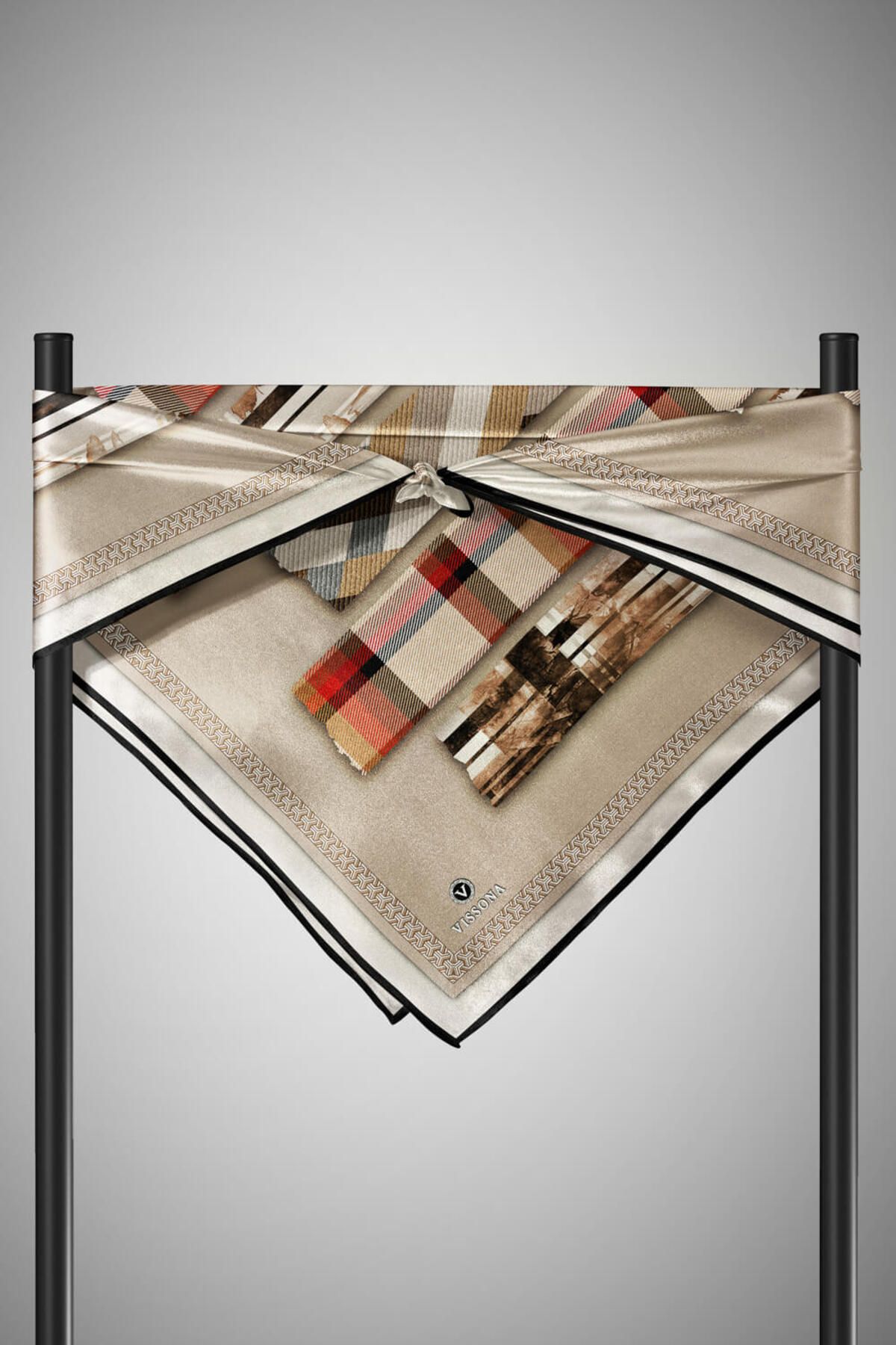 Vissona-100% Twill Silk Plaid Patterned Stone - Red Colored 90X90 Scarf Sewing Shape: Hand Sewing 3