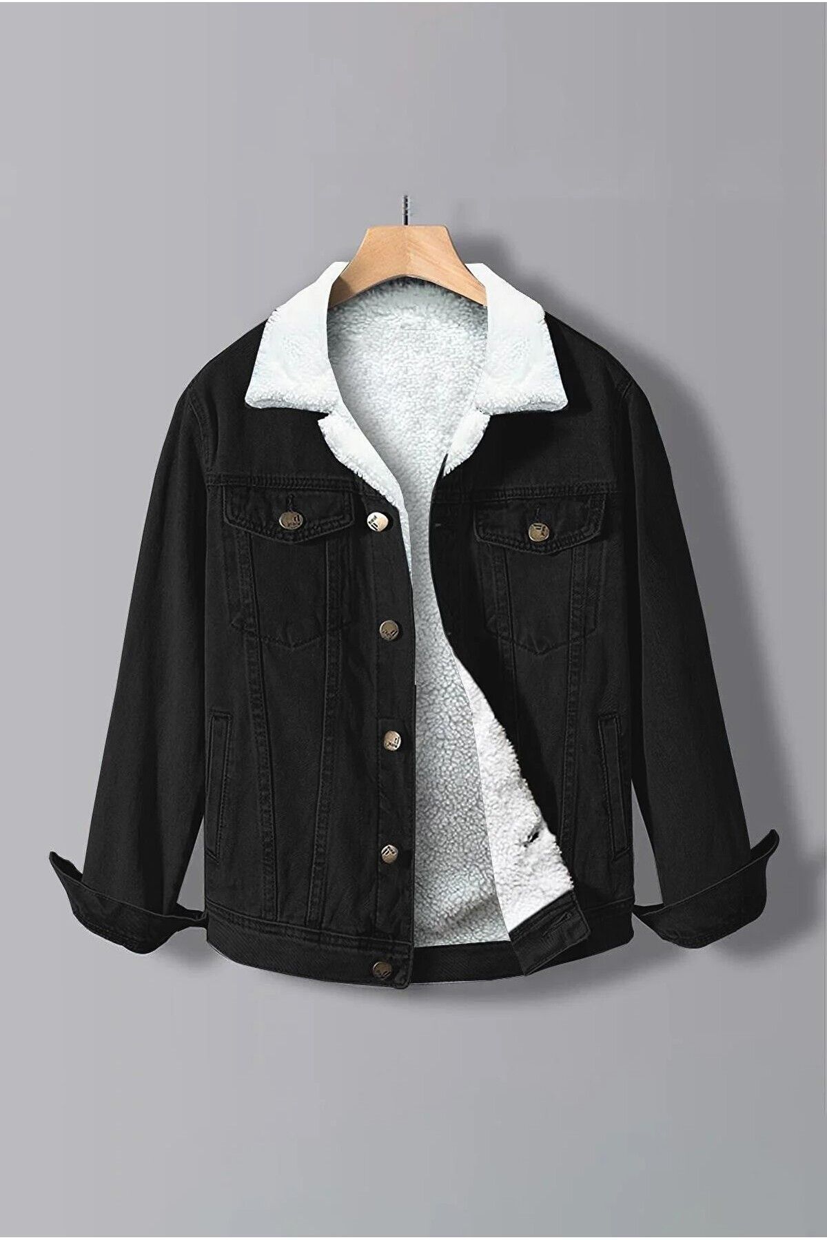 Erkek Içi Kürklü Slim Fit Kot Ceket Siyah
