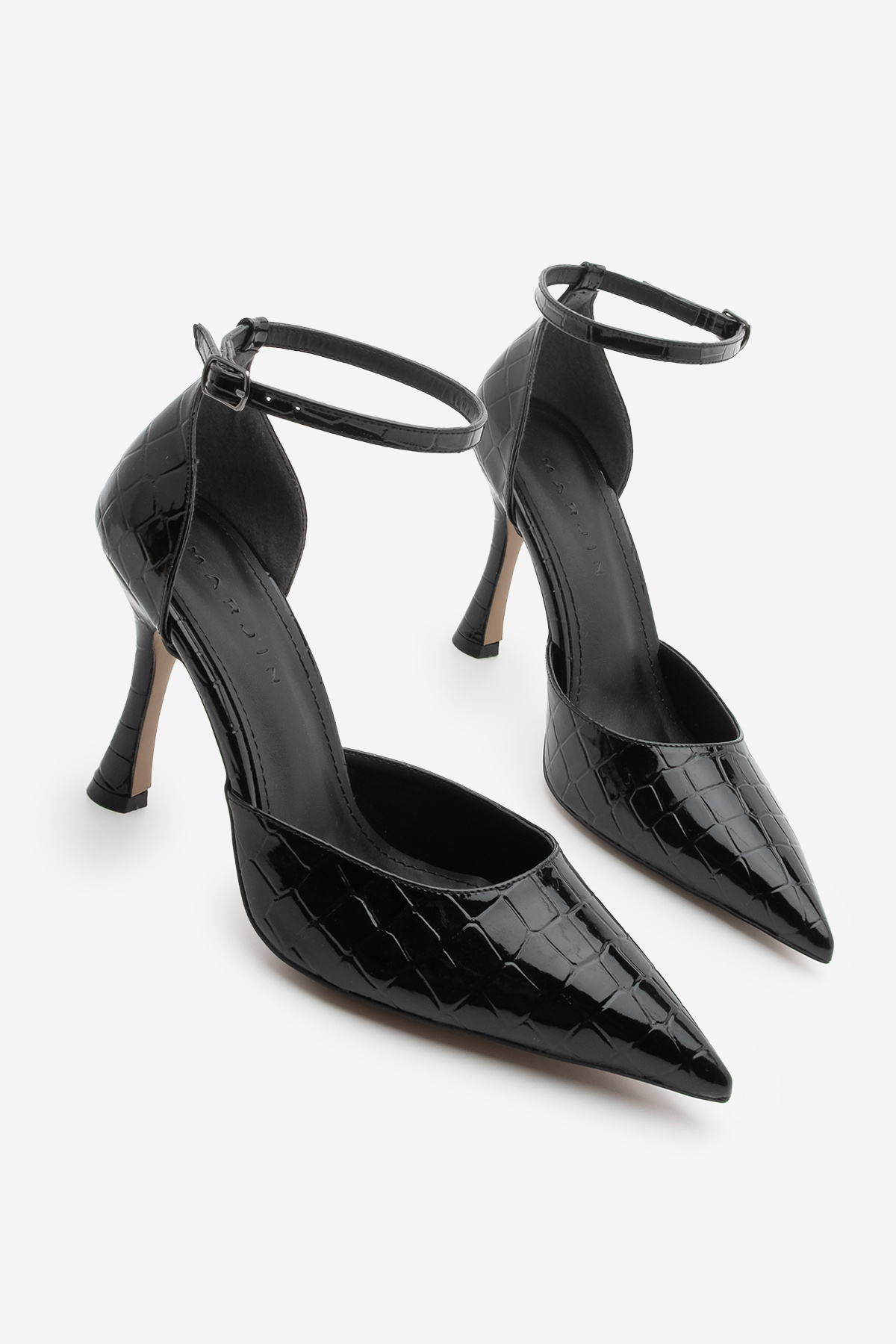 Marjin-Damen-Stiletto-Schuhe mit spitzer Zehenpartie, schwarze Kroko-Absätze, Knöchelriemen 1