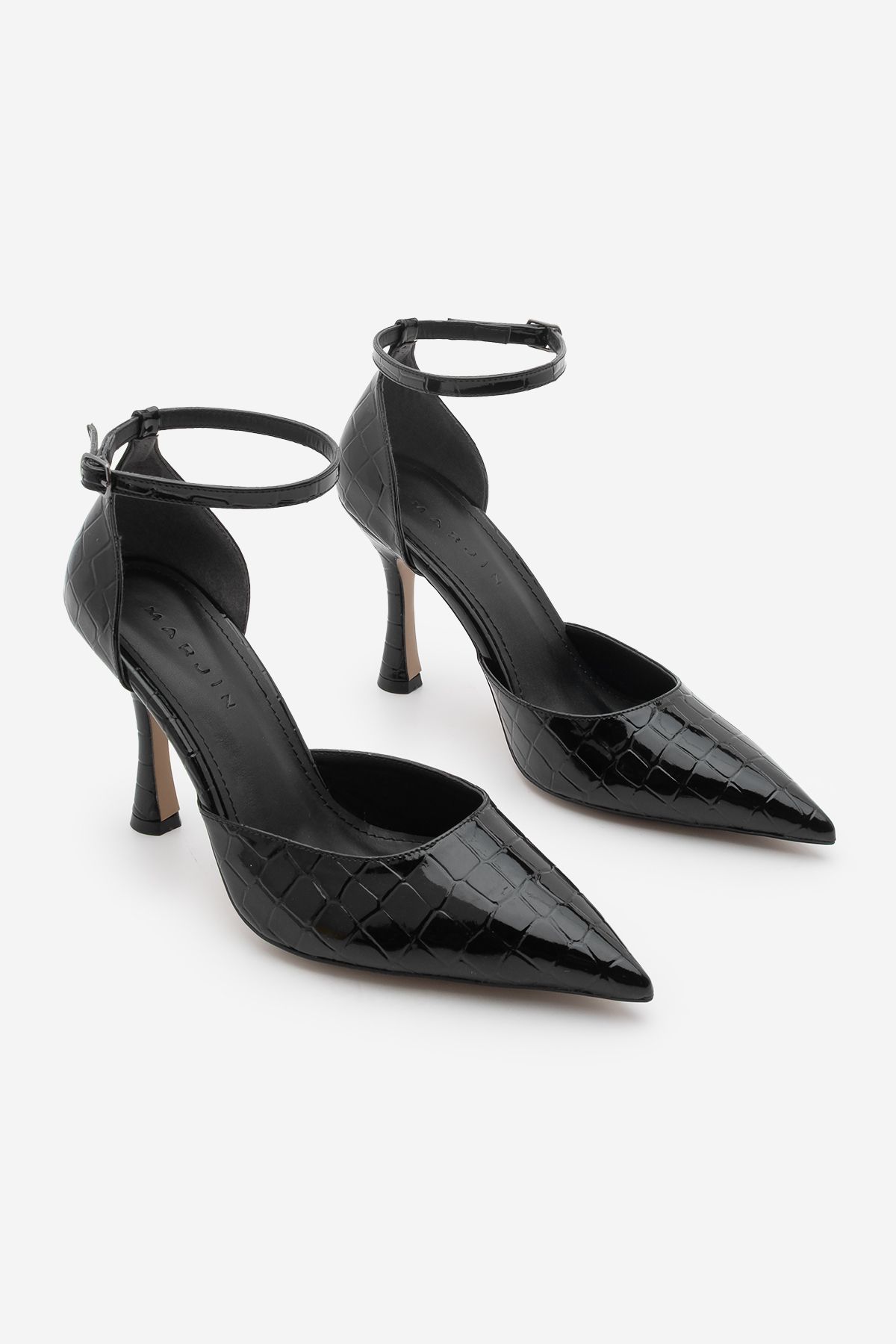 Marjin-Damen-Stiletto-Schuhe mit spitzer Zehenpartie, schwarze Kroko-Absätze, Knöchelriemen 5
