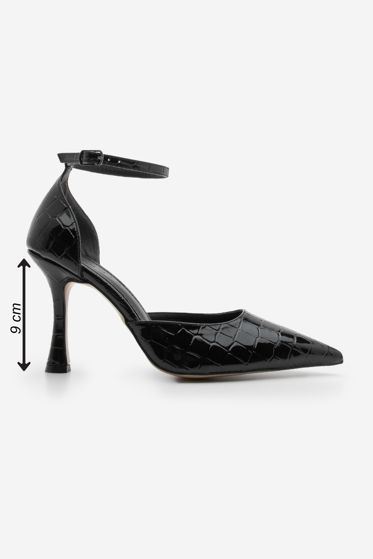 Marjin-Damen-Stiletto-Schuhe mit spitzer Zehenpartie, schwarze Kroko-Absätze, Knöchelriemen 3