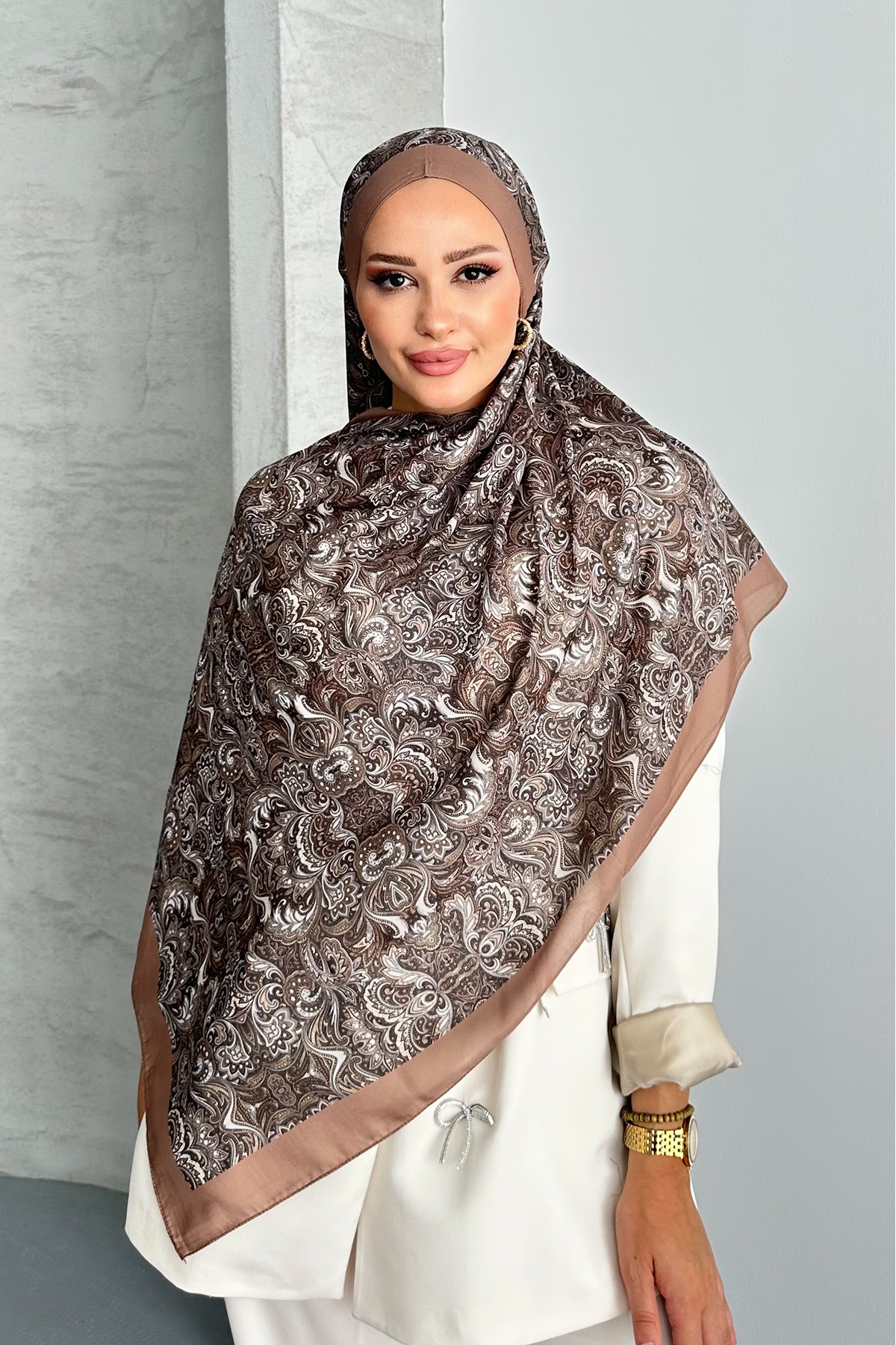 Stella Eşarp-Ethnic Retro Pattern Mink Color Cotton Soft Shawl 7