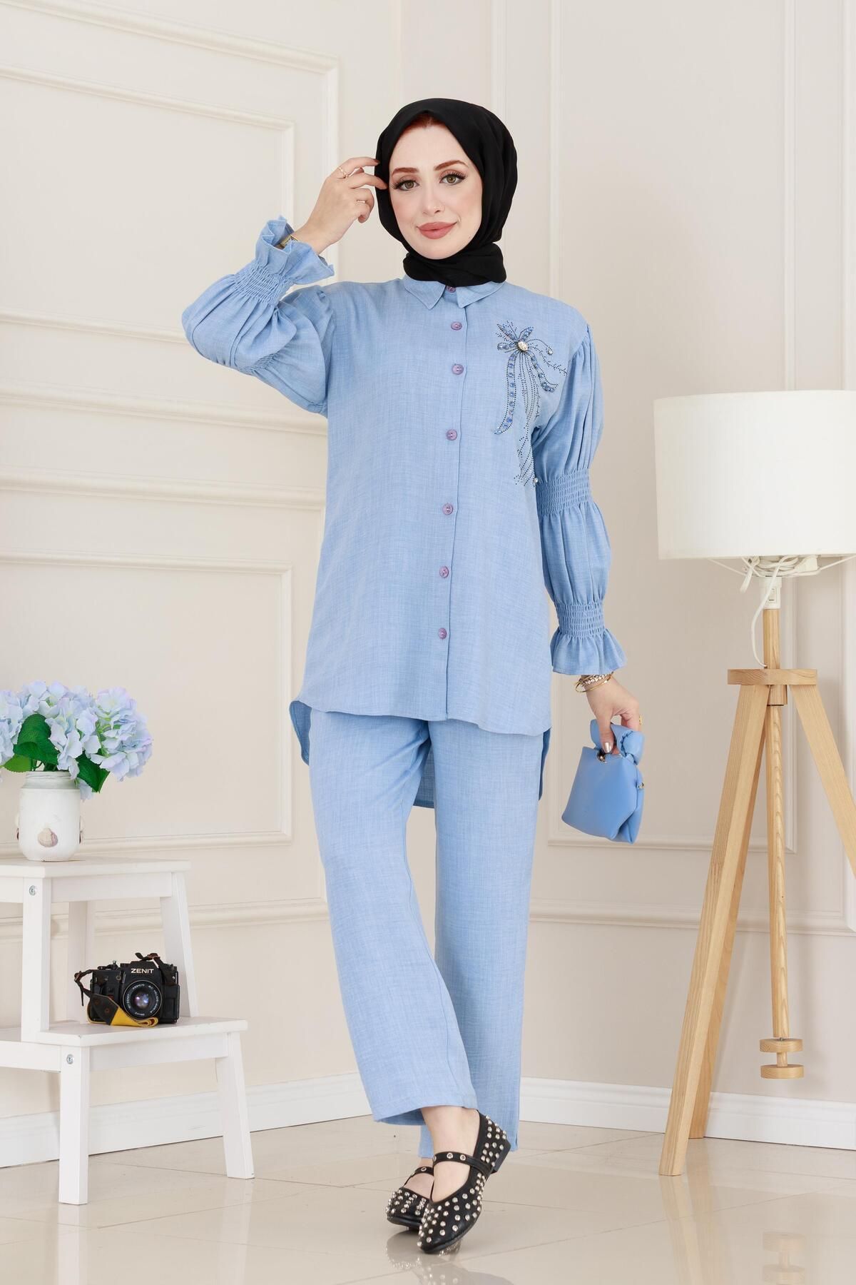 Sevitli-Double Suit with Stones on the Front and Elasticized Sleeves - Baby Blue 1