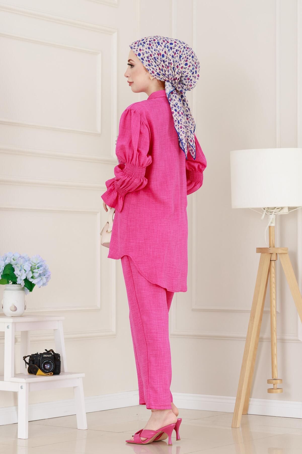 Sevitli-Double Suit with Stones on the Front and Elastic Sleeves - Fuchsia 5