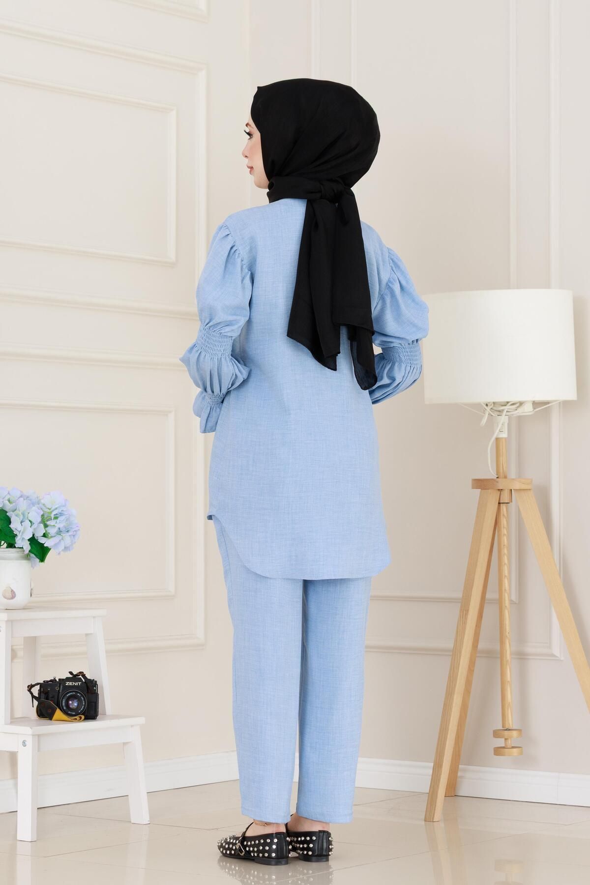 Sevitli-Double Suit with Stones on the Front and Elasticized Sleeves - Baby Blue 5