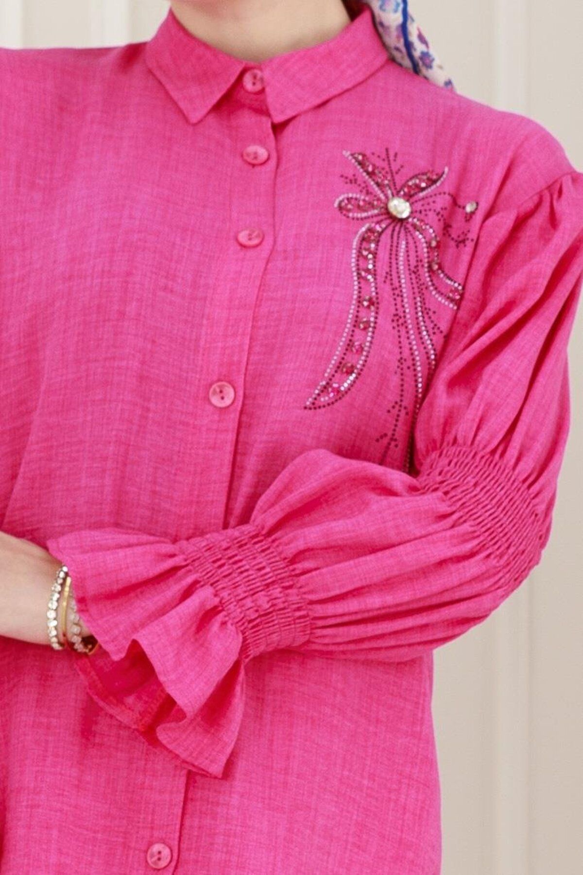 Sevitli-Double Suit with Stones on the Front and Elastic Sleeves - Fuchsia 4