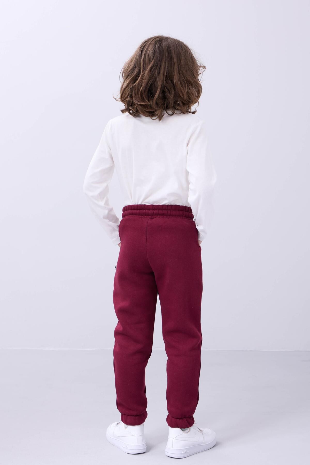 Perendi-Comfortable Unisex Children's Sweatpants with Elastic and Fleece Inside Pockets Claret Red 5