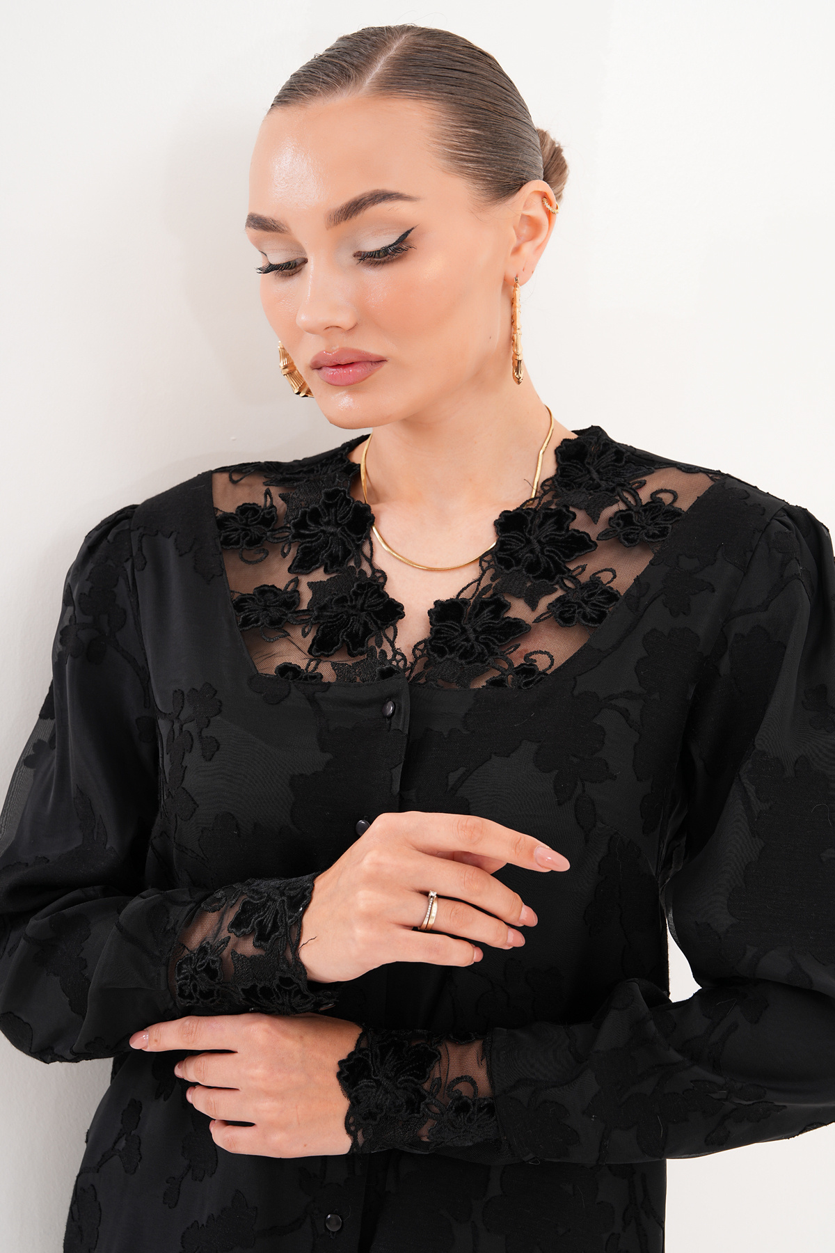 Loom Boutique Büyük Beden Tamamı Astarlı Keten Devore Gömlek