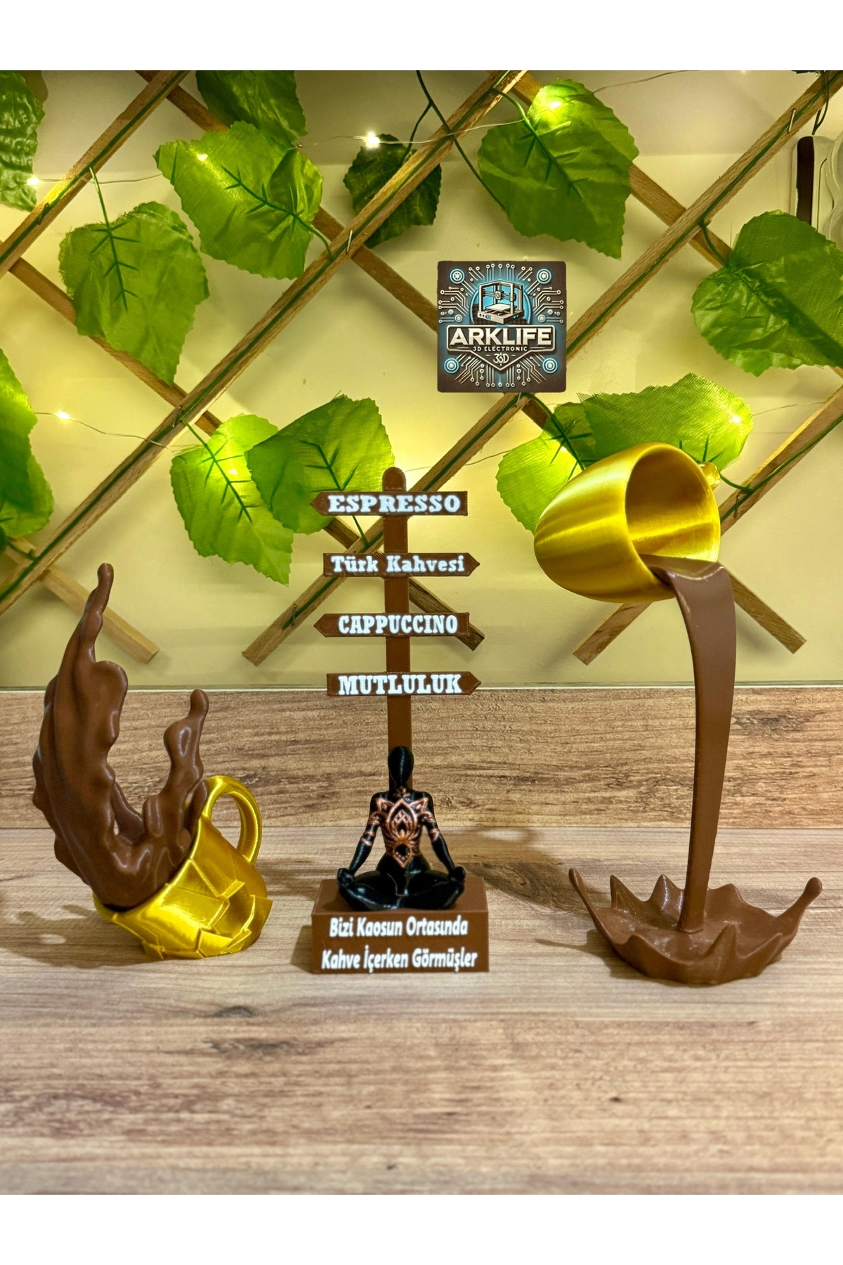 Coffee Corner Decorative 3-Piece Set Custom Design Yoga Sign Gold Broken and Spilled Coffee Cup