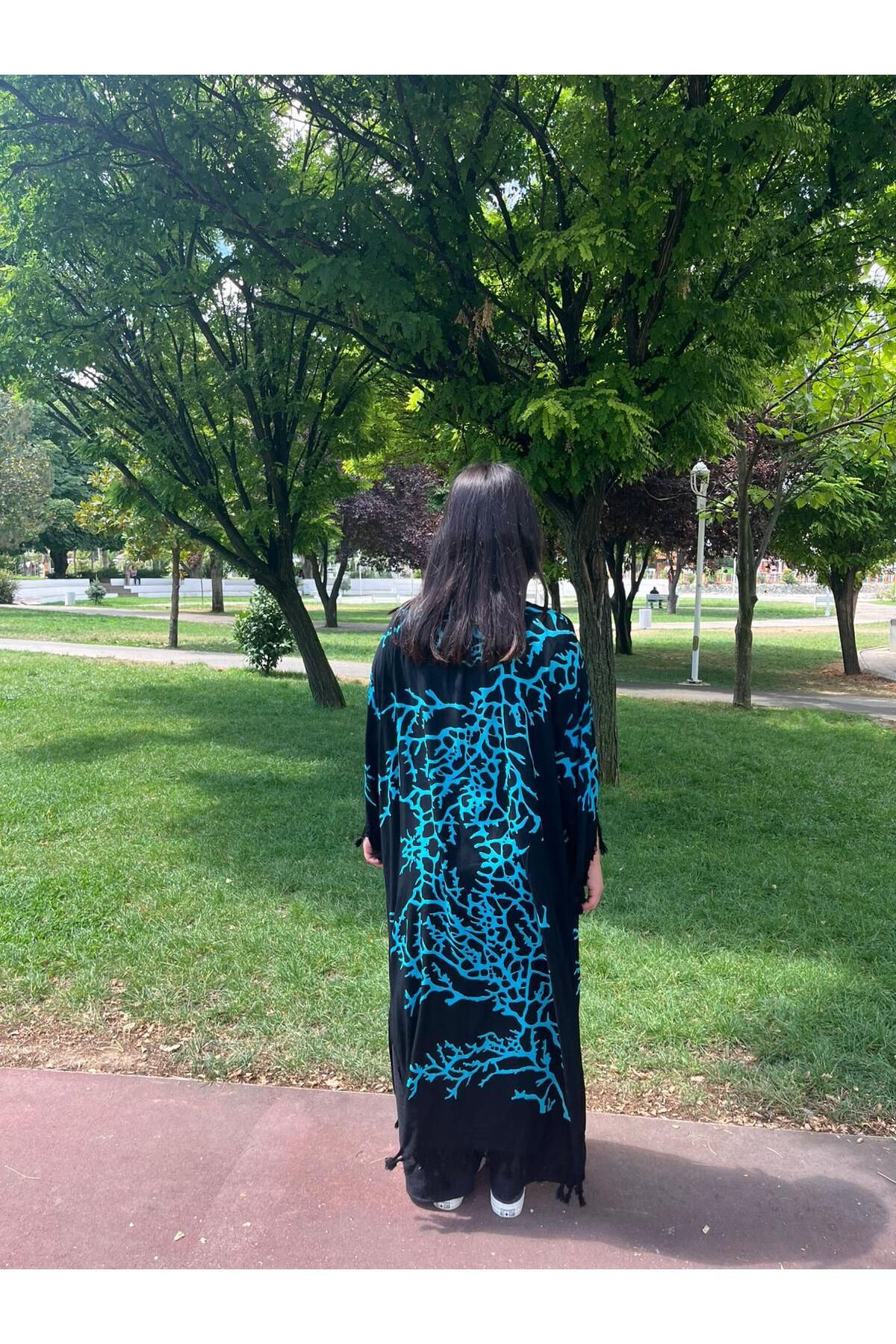 Sobe Hediyelik-Turquoise Branch Patterned Black Tie-Up Loose Kimono Kaftan - Standard Size 2