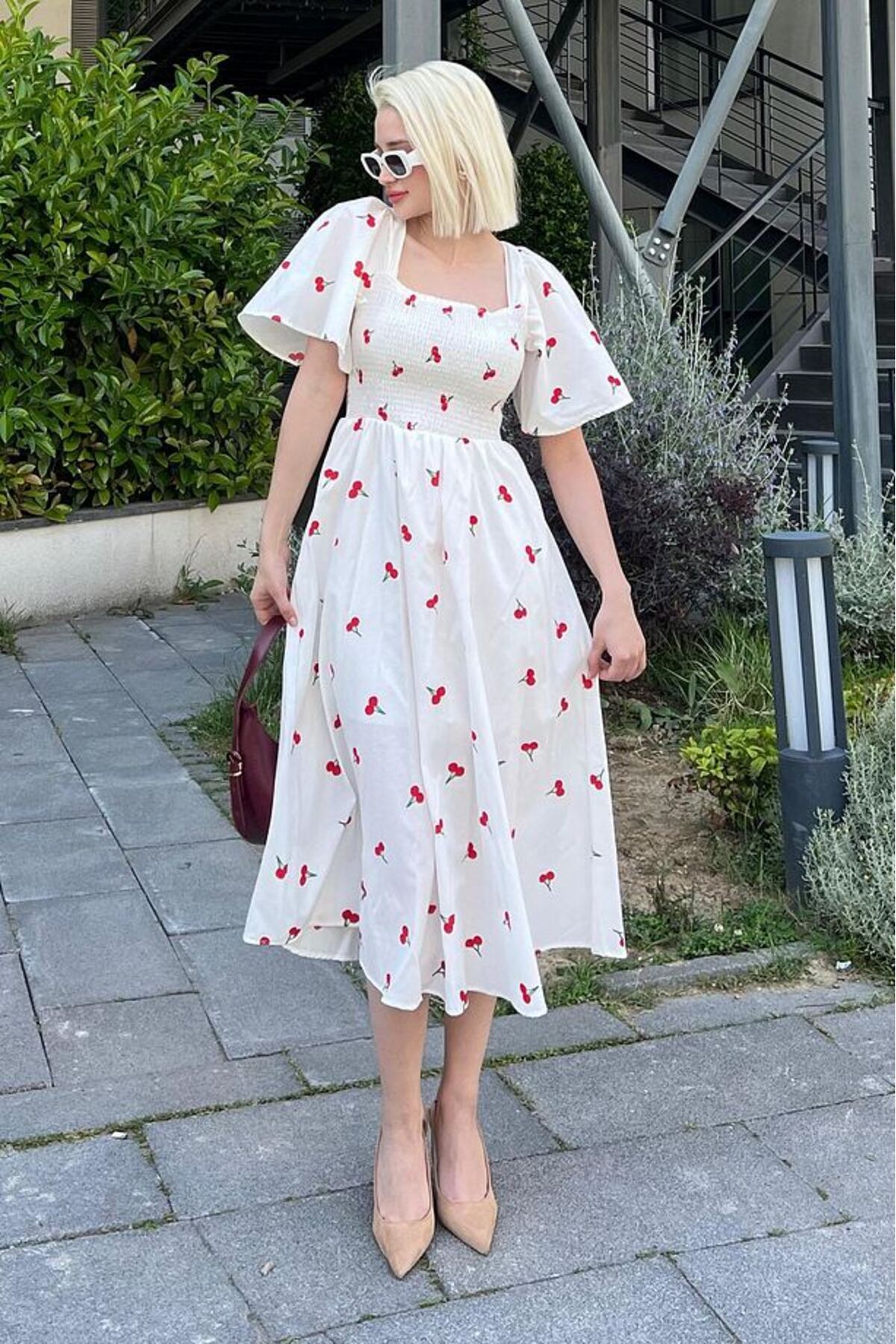 GALAVİP-White Cherry Patterned Midi Dress with Elastic Waist 3