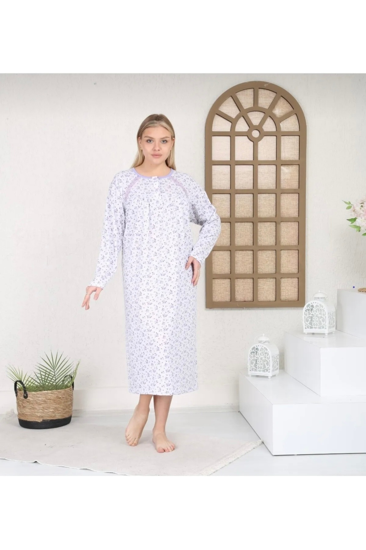 SayaSocks Mor Uzun Kollu Çiçekli Anne Geceliği