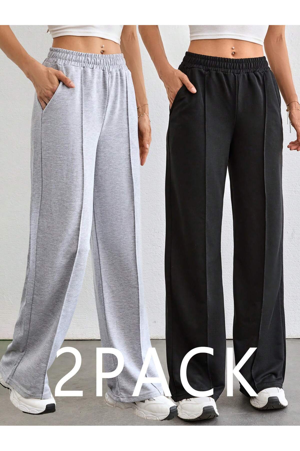 Butilya Women's Wide Leg Sweatpants 2 Pack – Black & Gray, High Waist, Pockets, Comfortable Fit