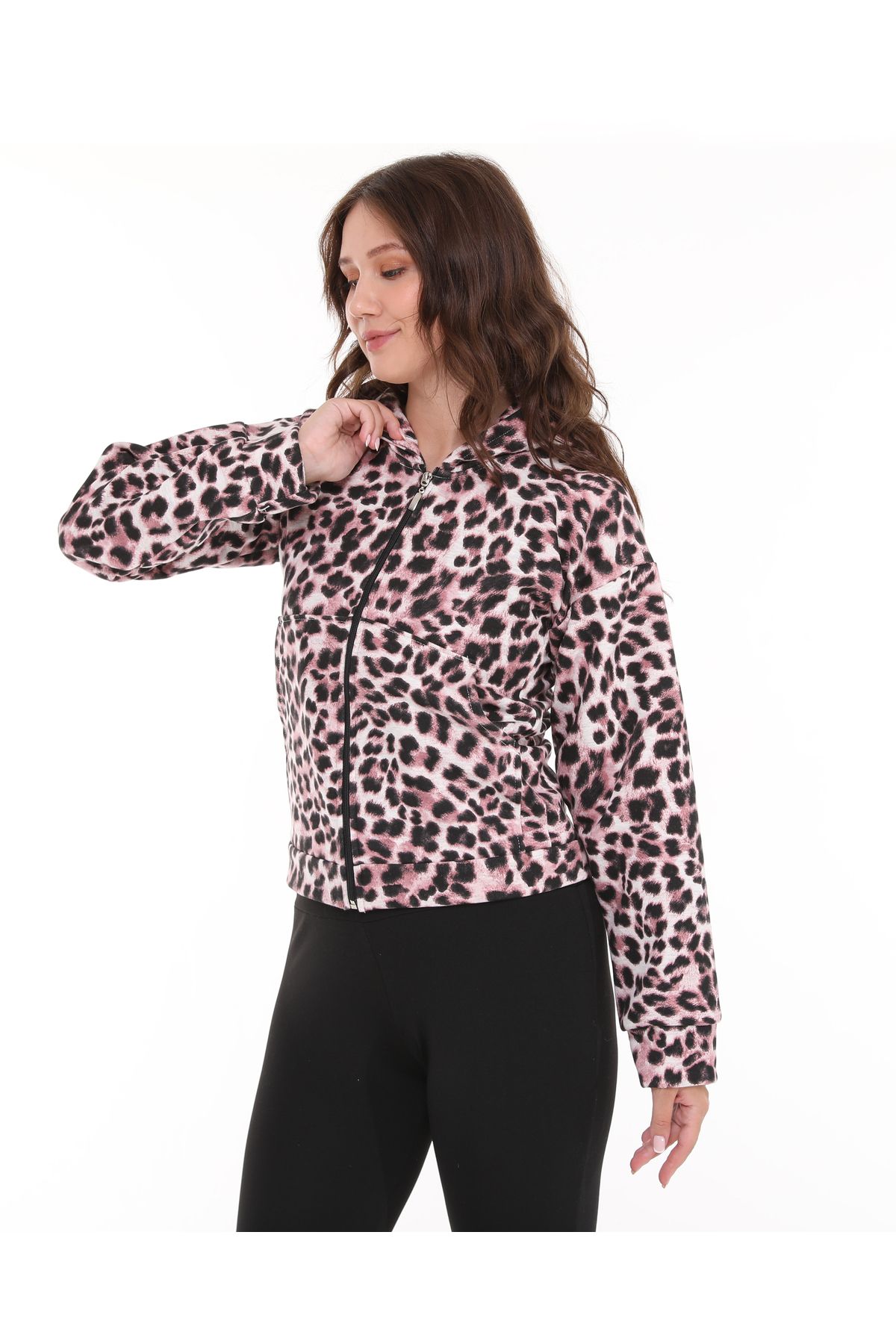 BNZ TEKSTİL-Three Thread Shardon Hooded Zippered Leopard Pattern Tracksuit Top, Jacket 4