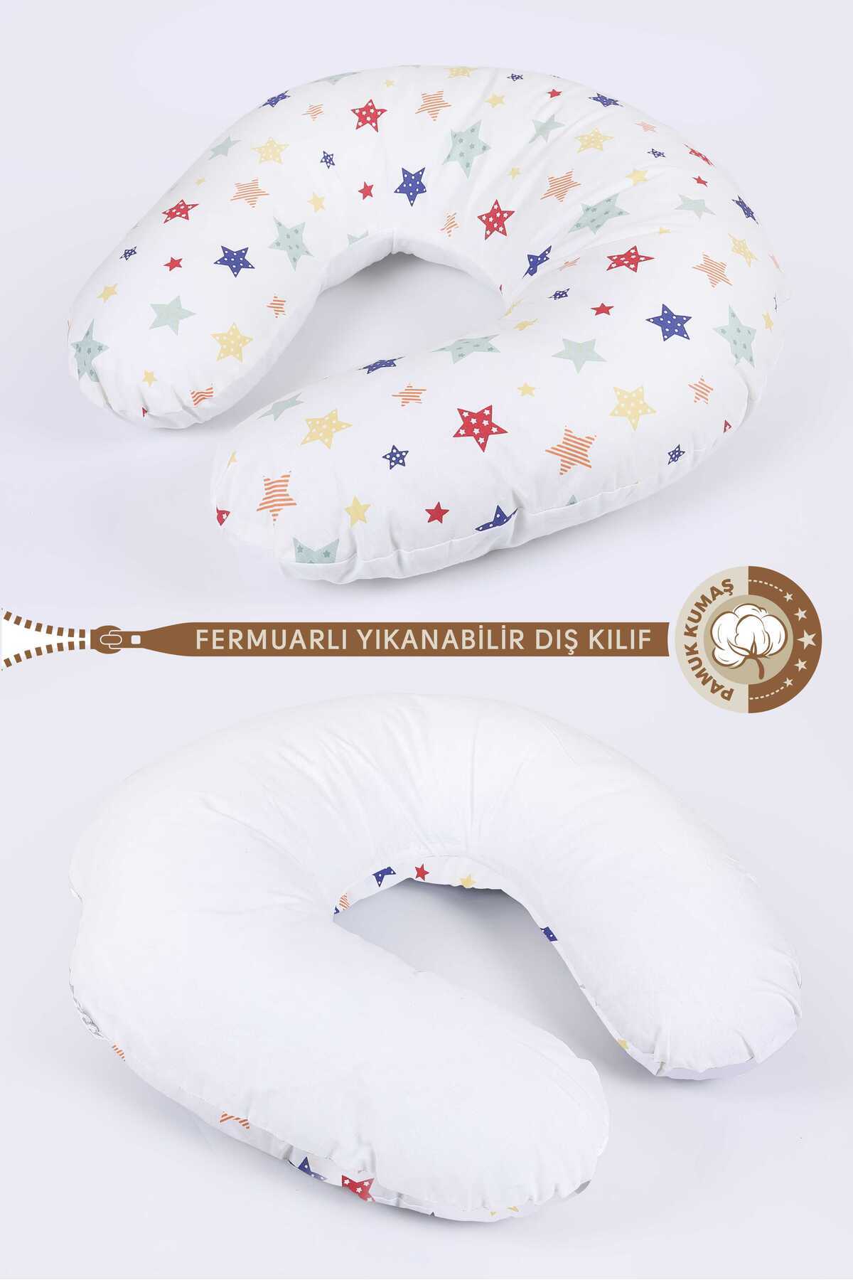 RUYALAR BEBEK Çift Taraflı Emzirme Yastığı /bebek Destek Minderi, Hamile Yastığı, Yıldız Desenli Beyaz