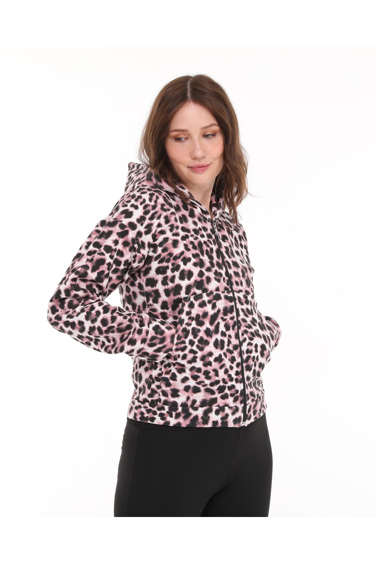BNZ TEKSTİL-Three Thread Shardon Hooded Zippered Leopard Pattern Tracksuit Top, Jacket 2